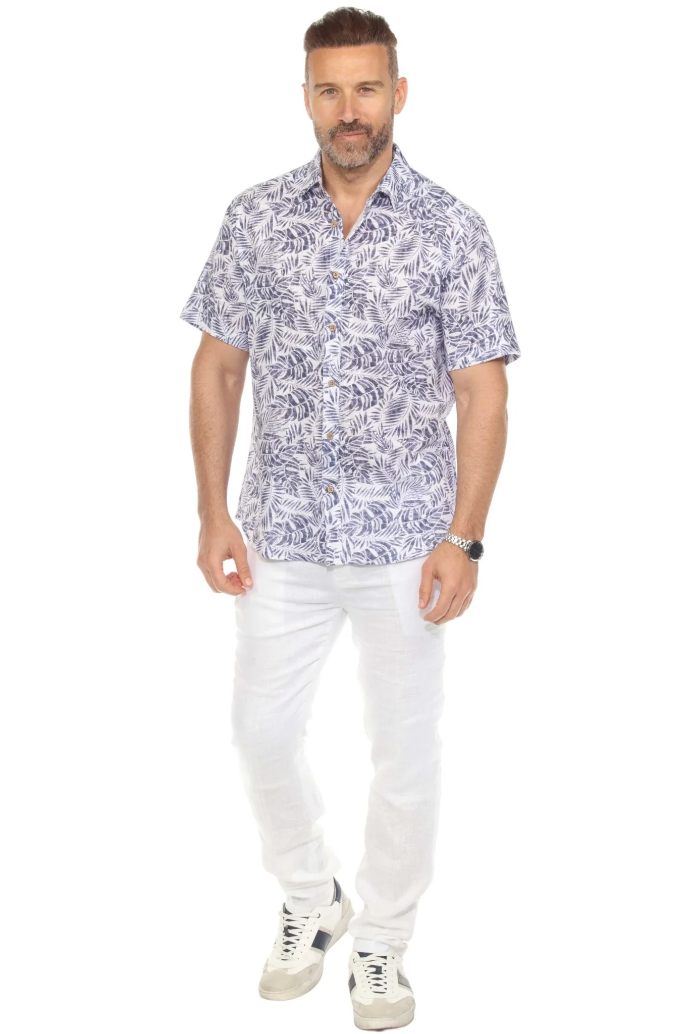 Men's Resort Style Casual Linen Blend Leafy Print Shirt - Image 11