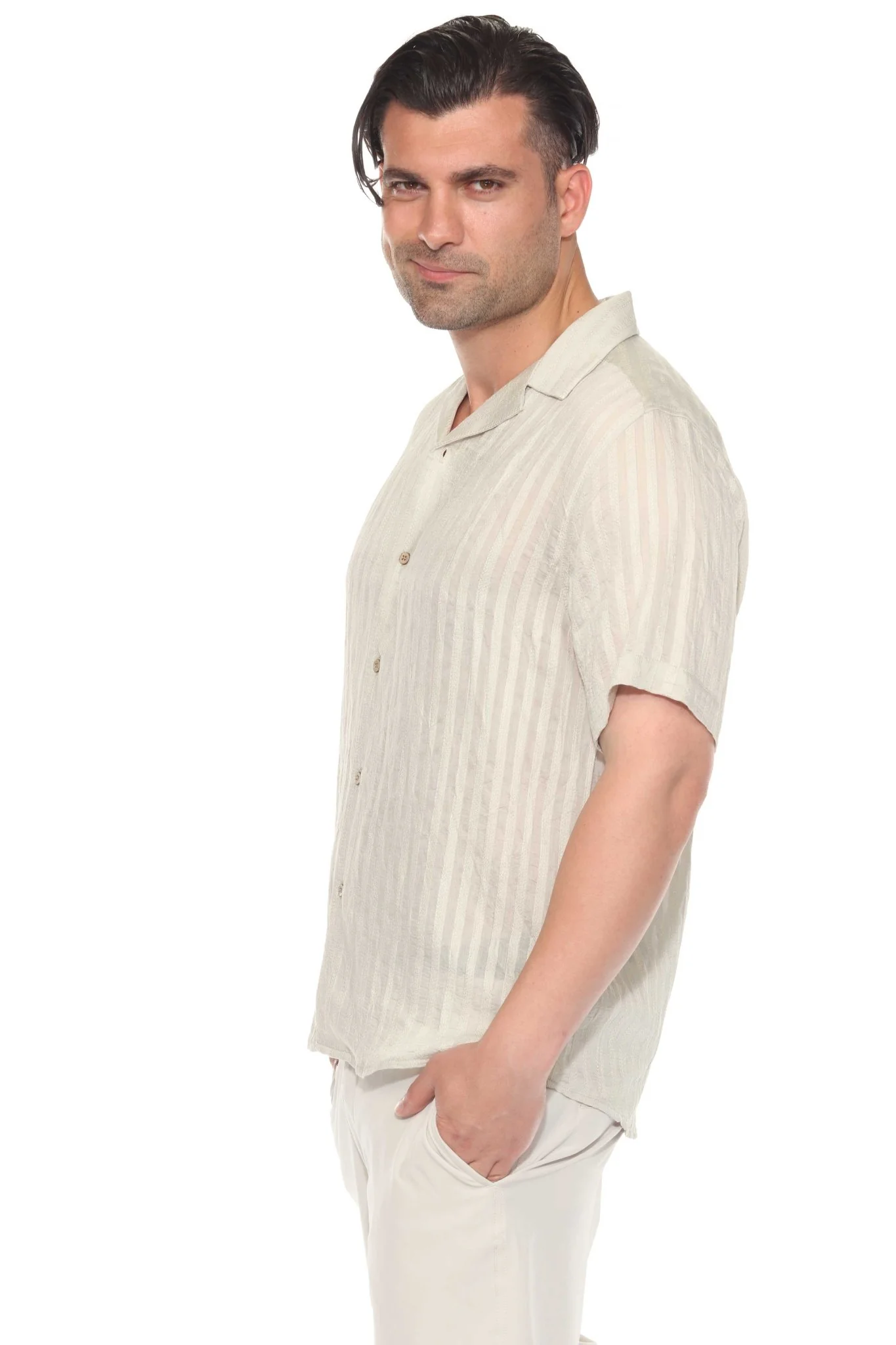 Men's Resort Style Casual Striped Lightweight Rayon Blend Shirt - Image 7