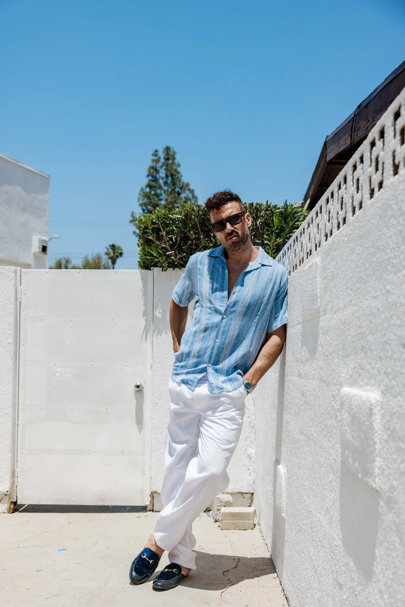 Men's Resort Style Casual Striped Multi-Texture Weave Linen Blend Shirt - Image 25