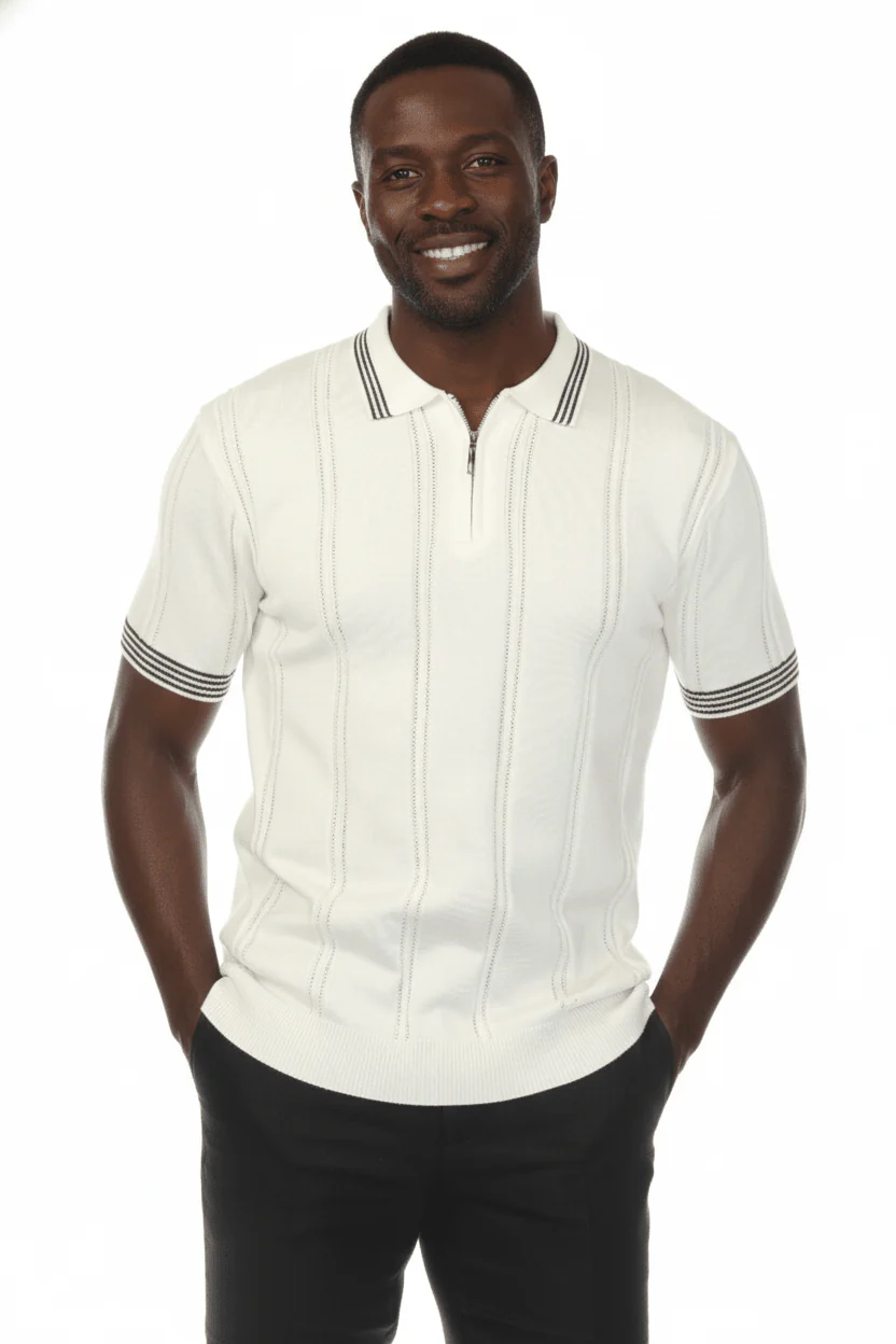 Men's Stylish Premium Knit Textured Polo Shirt with Stripe Accents
