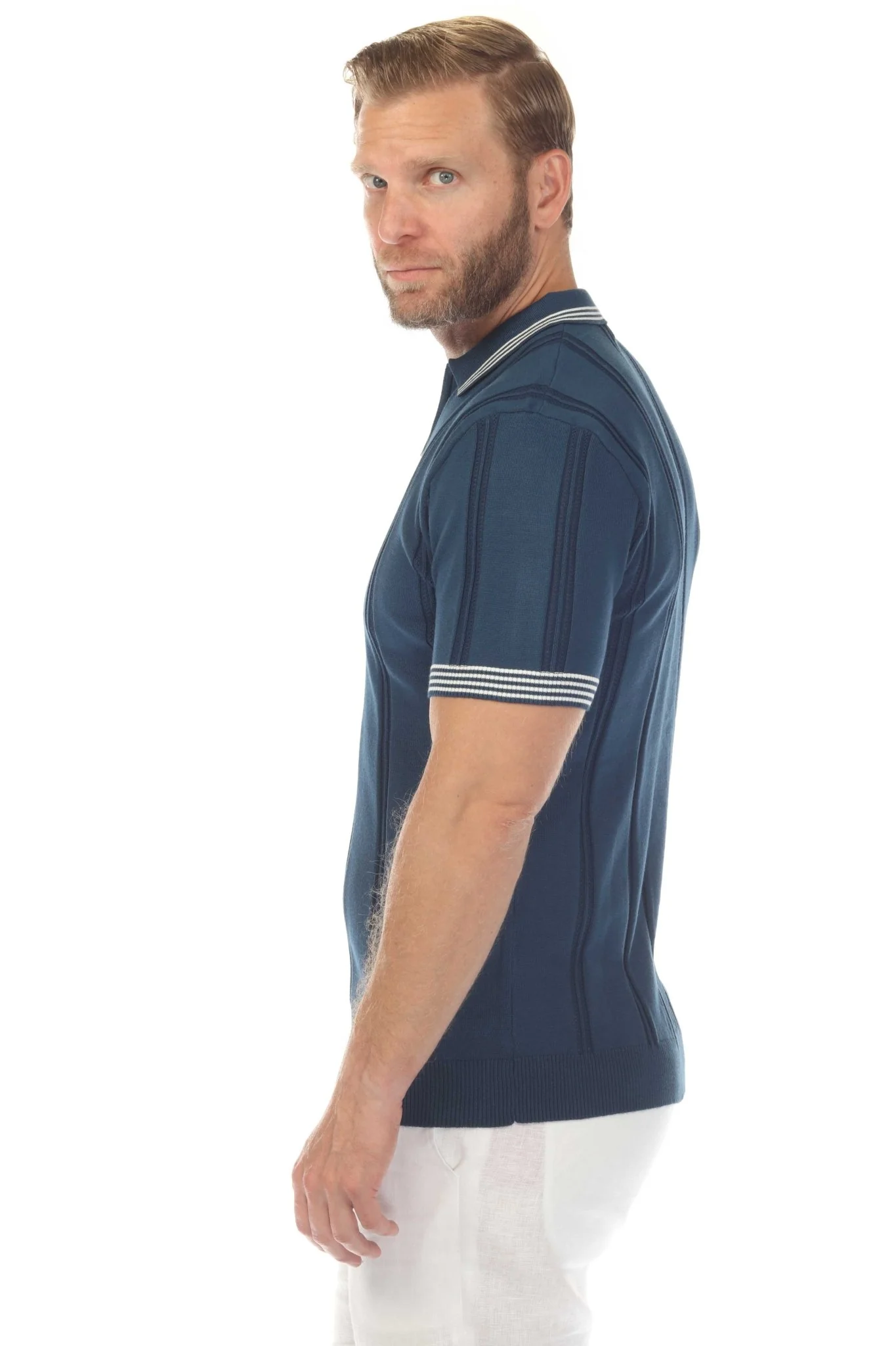 Men's Stylish Premium Knit Textured Polo Shirt with Stripe Accents - Image 12