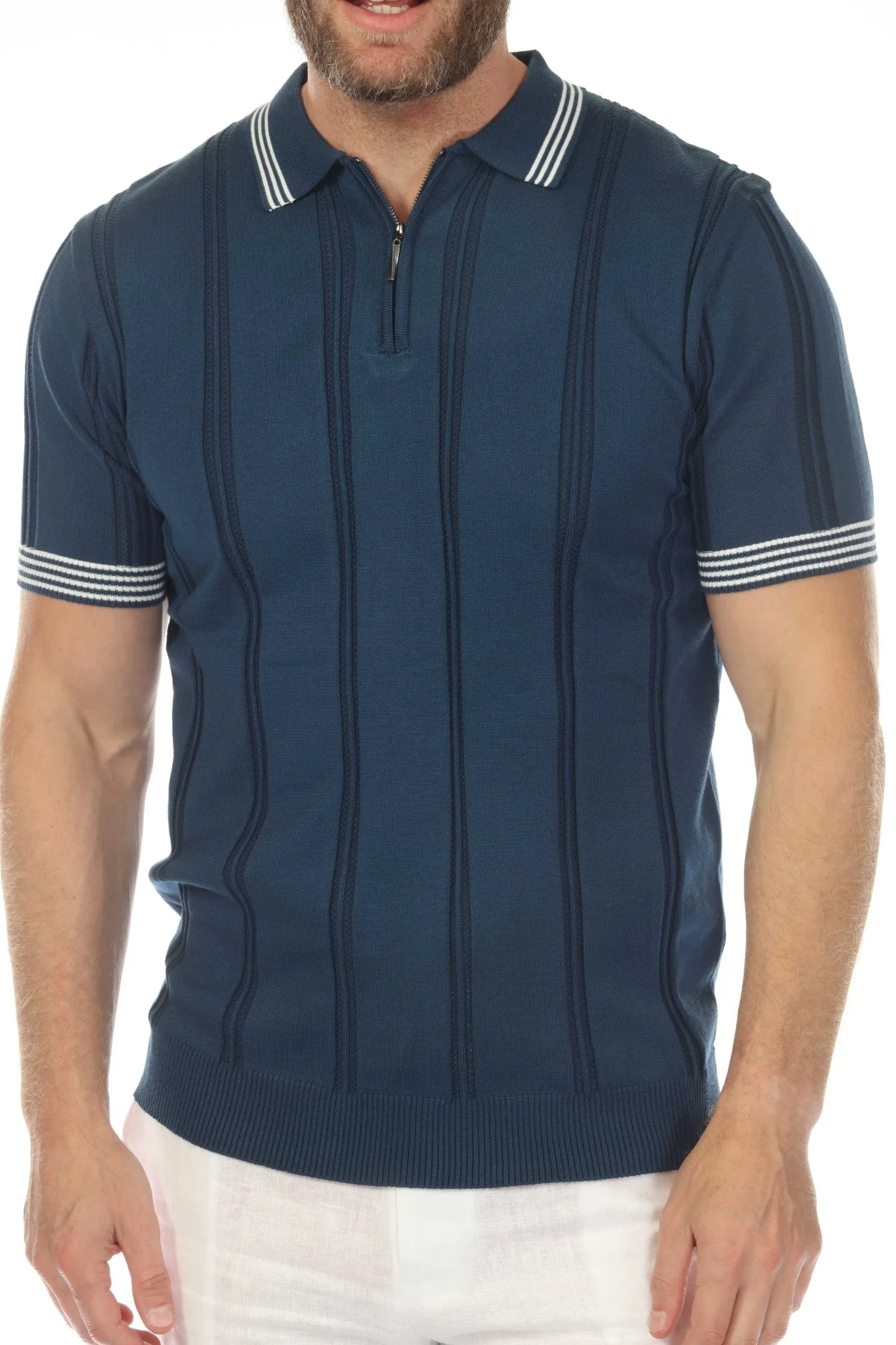 Men's Stylish Premium Knit Textured Polo Shirt with Stripe Accents - Image 14