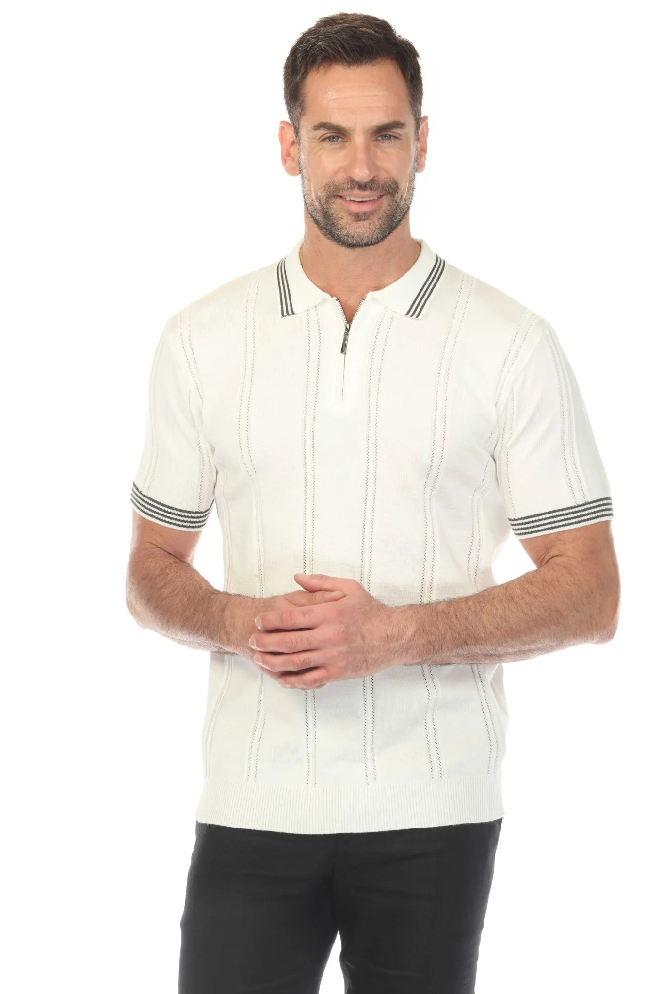 Men's Stylish Premium Knit Textured Polo Shirt with Stripe Accents - Image 17