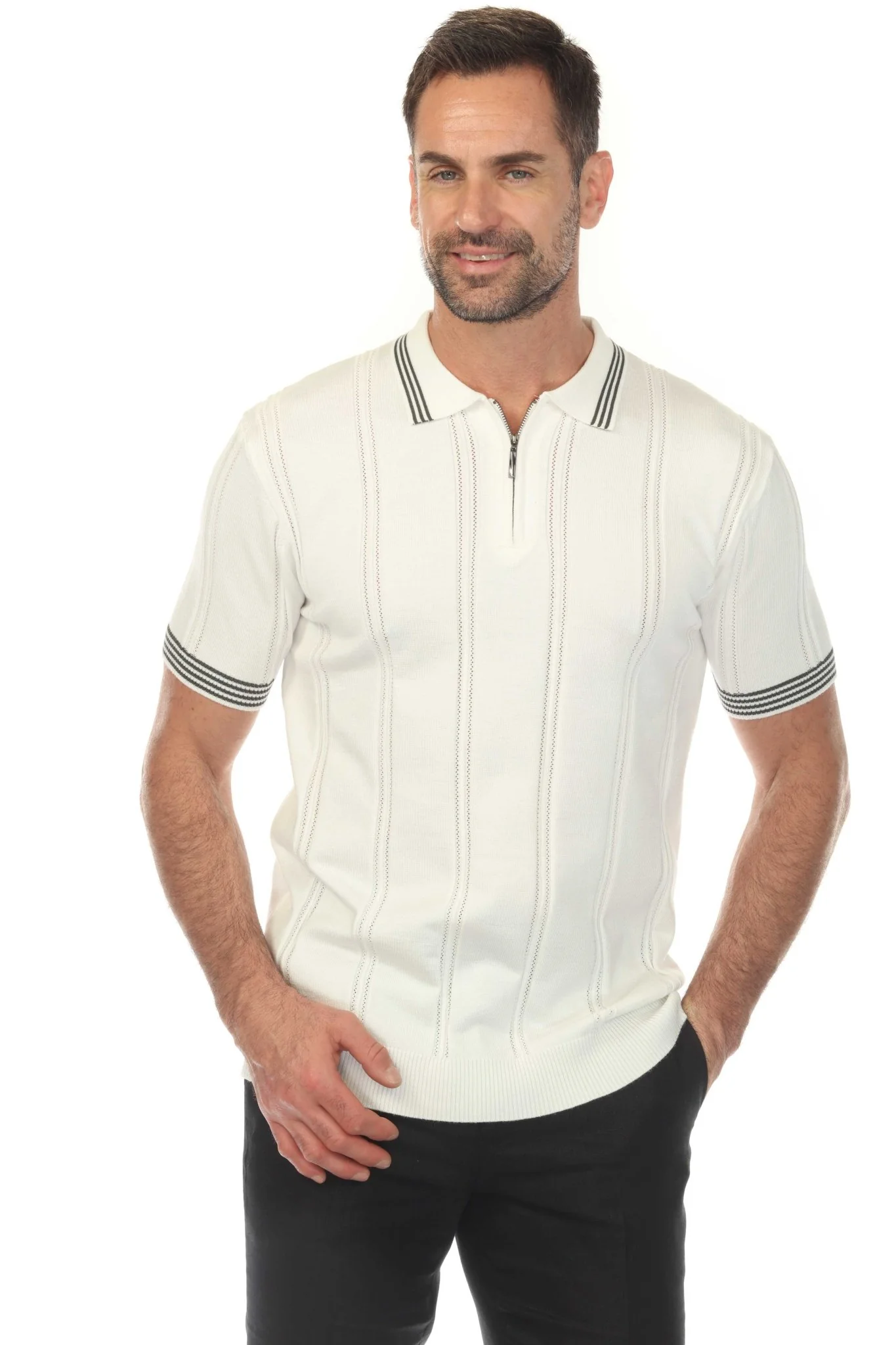Men's Stylish Premium Knit Textured Polo Shirt with Stripe Accents - Image 19