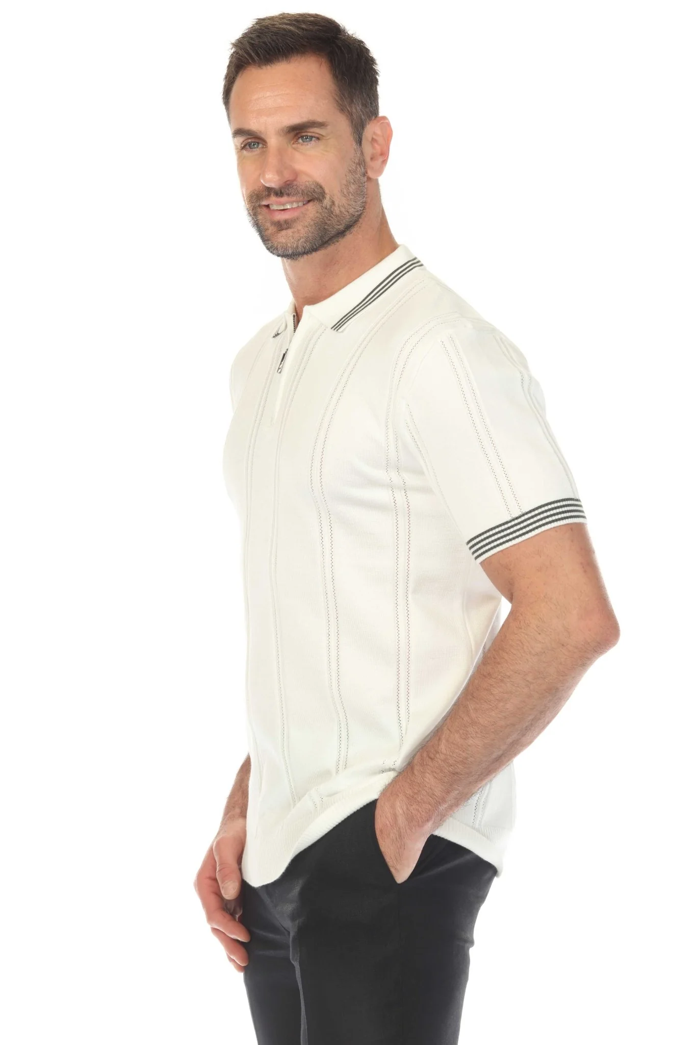 Men's Stylish Premium Knit Textured Polo Shirt with Stripe Accents - Image 20