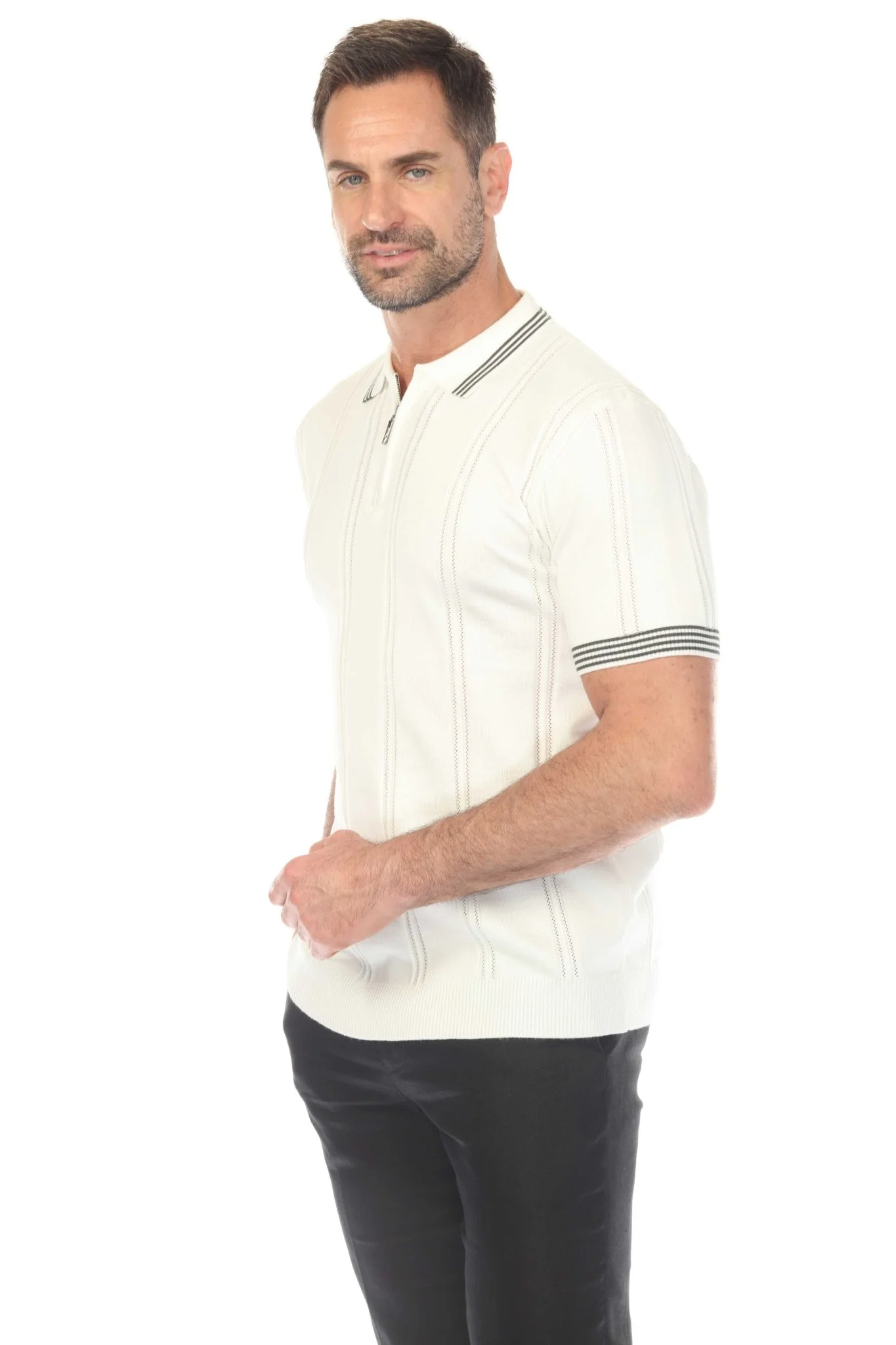 Men's Stylish Premium Knit Textured Polo Shirt with Stripe Accents - Image 21