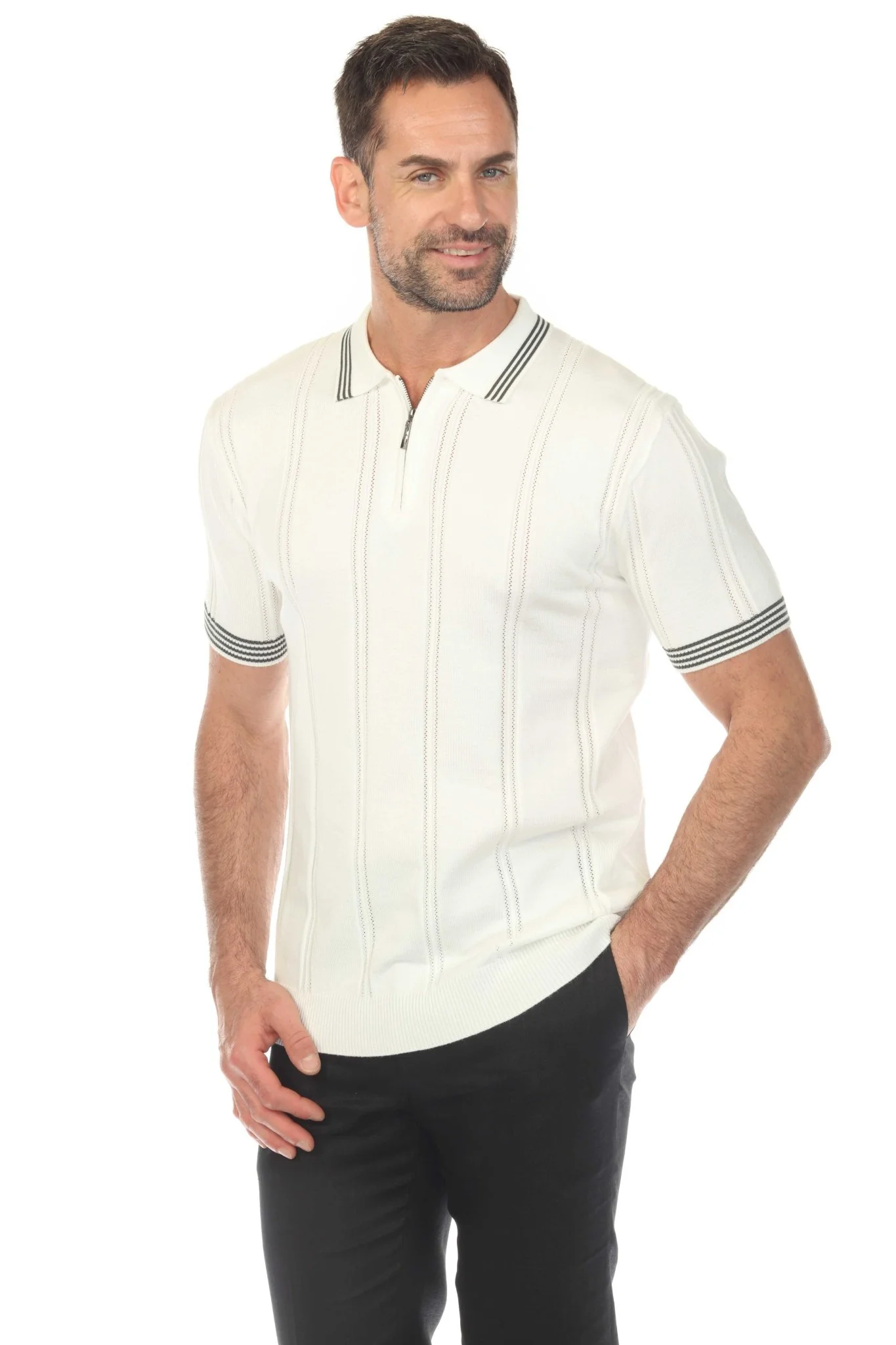 Men's Stylish Premium Knit Textured Polo Shirt with Stripe Accents - Image 22