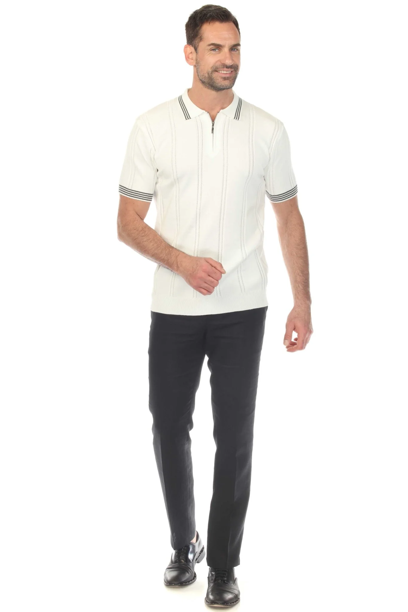 Men's Stylish Premium Knit Textured Polo Shirt with Stripe Accents - Image 23