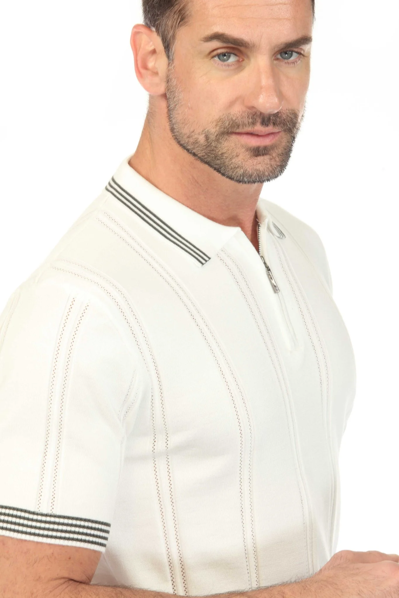Men's Stylish Premium Knit Textured Polo Shirt with Stripe Accents - Image 25