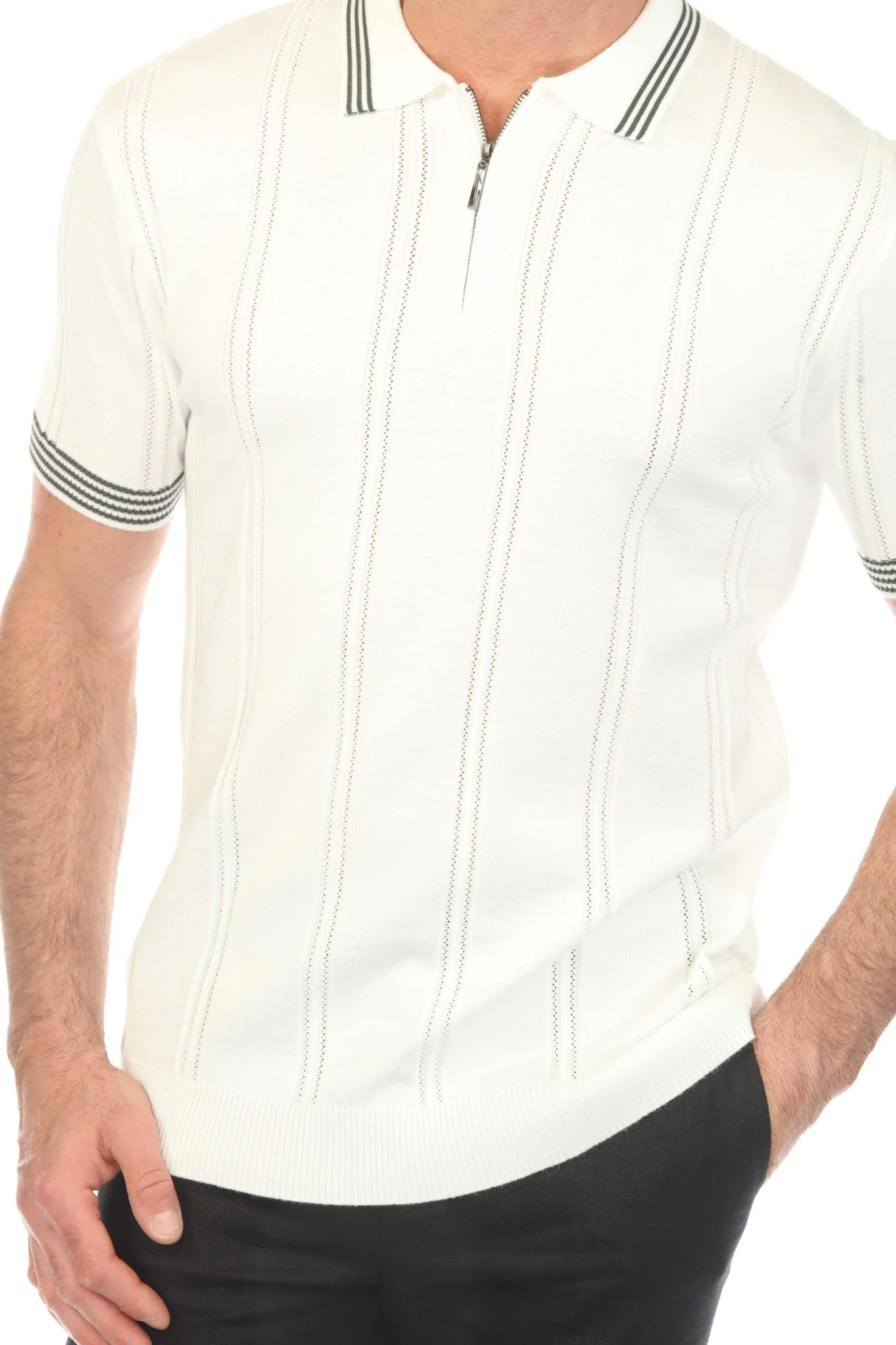 Men's Stylish Premium Knit Textured Polo Shirt with Stripe Accents - Image 26