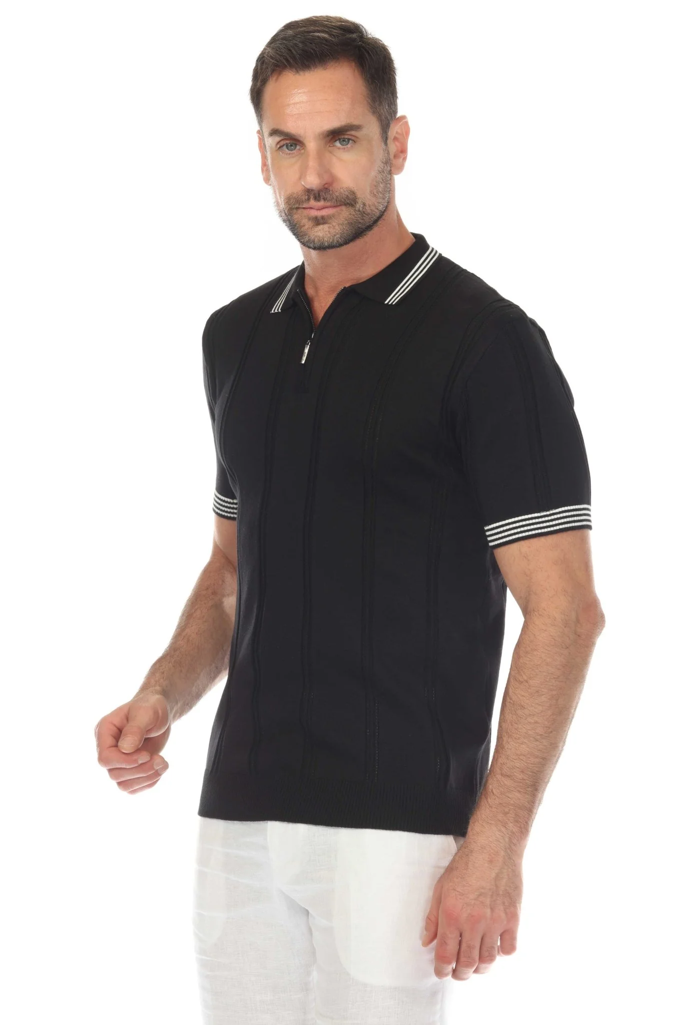 Men's Stylish Premium Knit Textured Polo Shirt with Stripe Accents - Image 27