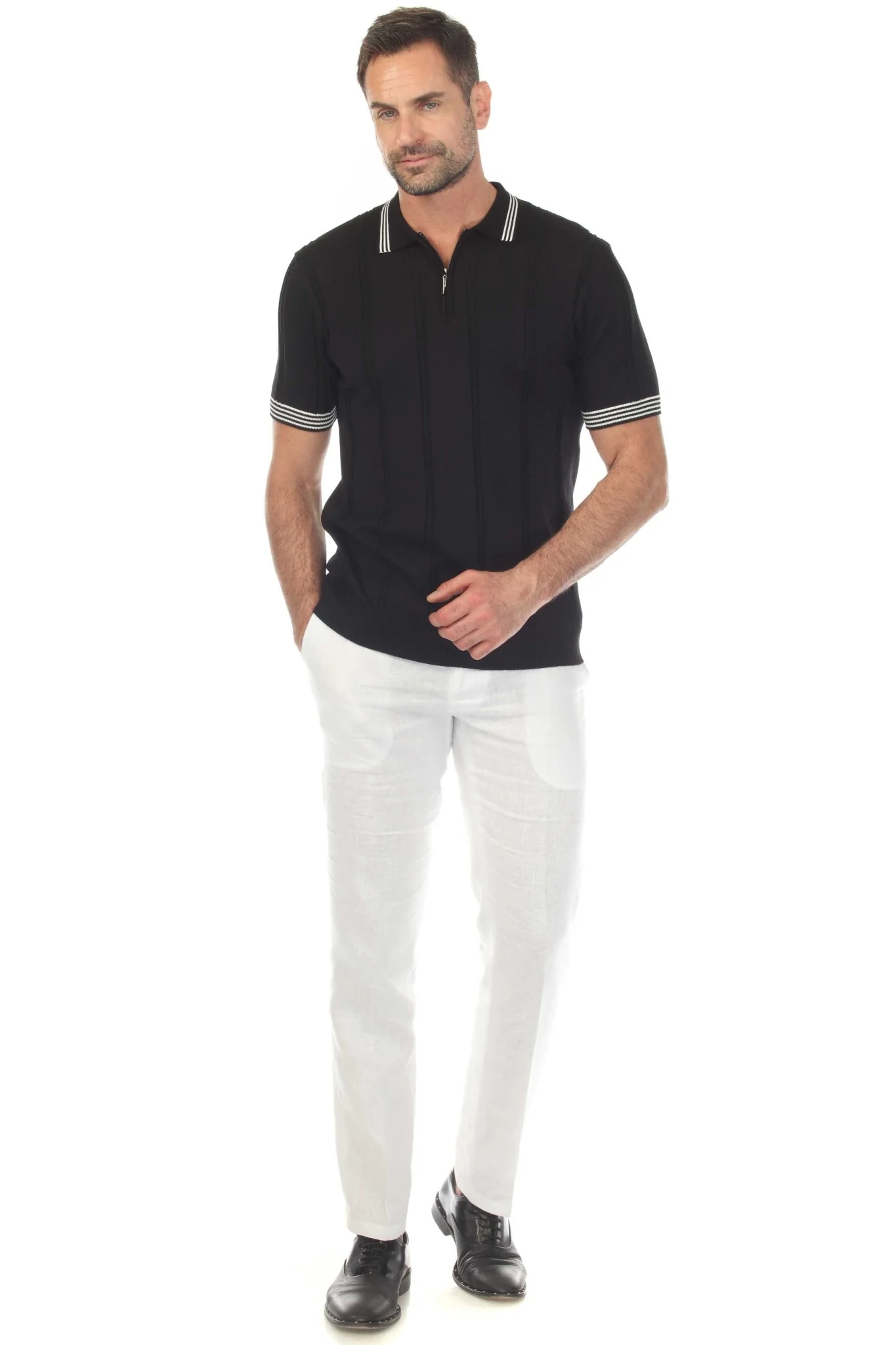 Men's Stylish Premium Knit Textured Polo Shirt with Stripe Accents - Image 30