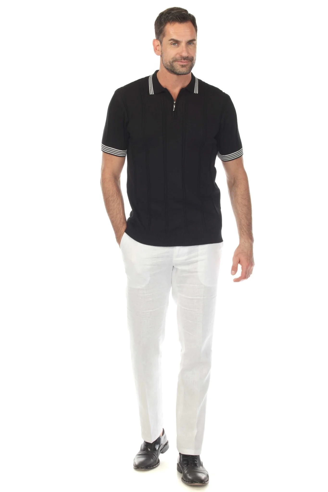 Men's Stylish Premium Knit Textured Polo Shirt with Stripe Accents - Image 31
