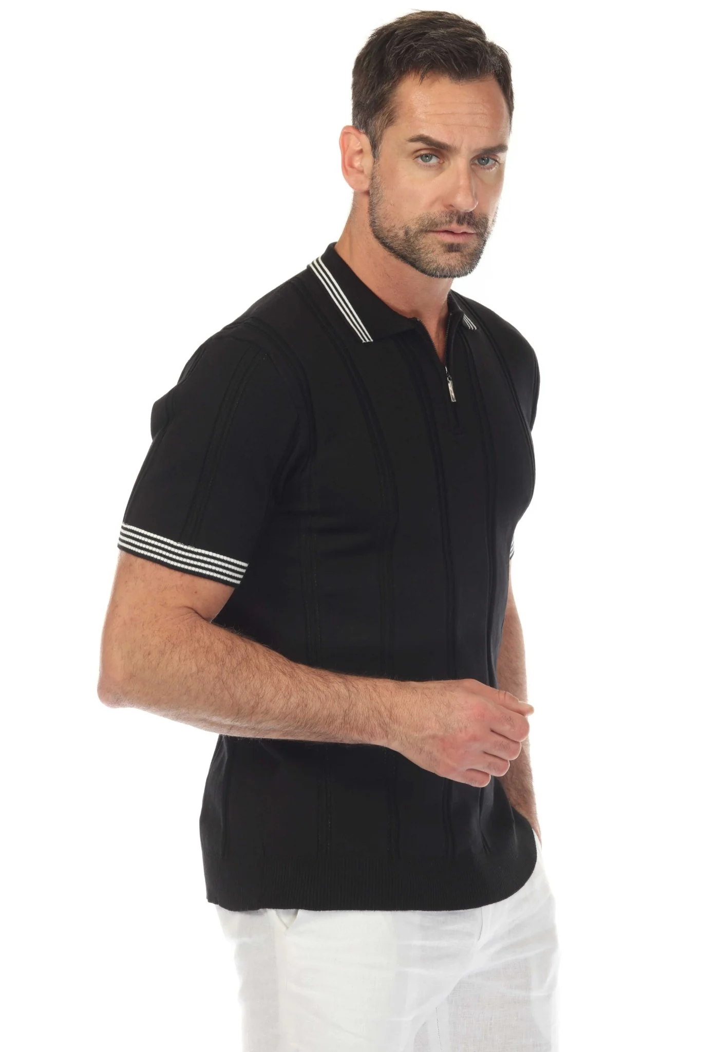 Men's Stylish Premium Knit Textured Polo Shirt with Stripe Accents - Image 32