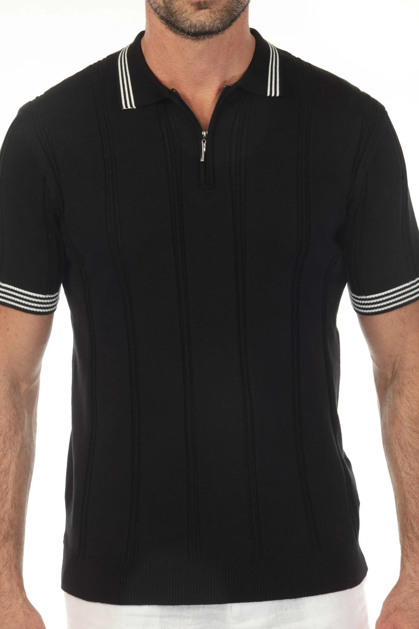 Men's Stylish Premium Knit Textured Polo Shirt with Stripe Accents - Image 34