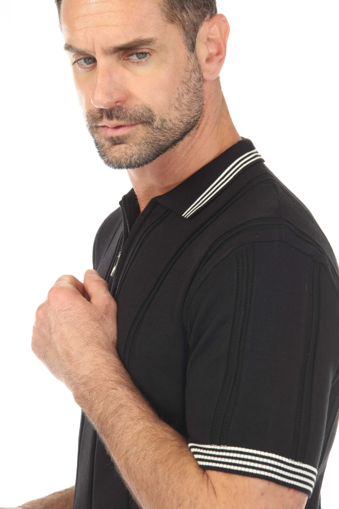 Men's Stylish Premium Knit Textured Polo Shirt with Stripe Accents - Image 35