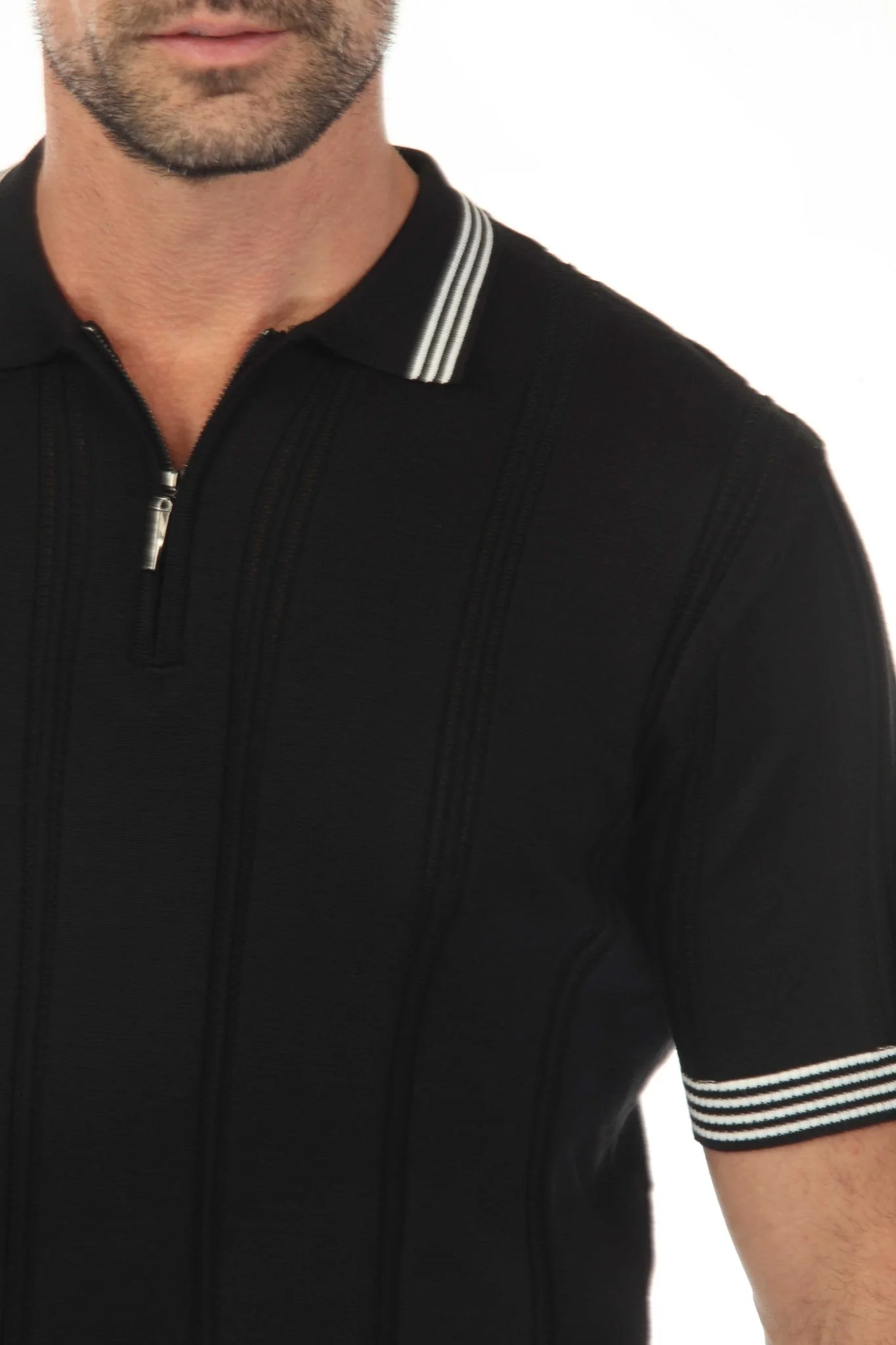Men's Stylish Premium Knit Textured Polo Shirt with Stripe Accents - Image 36