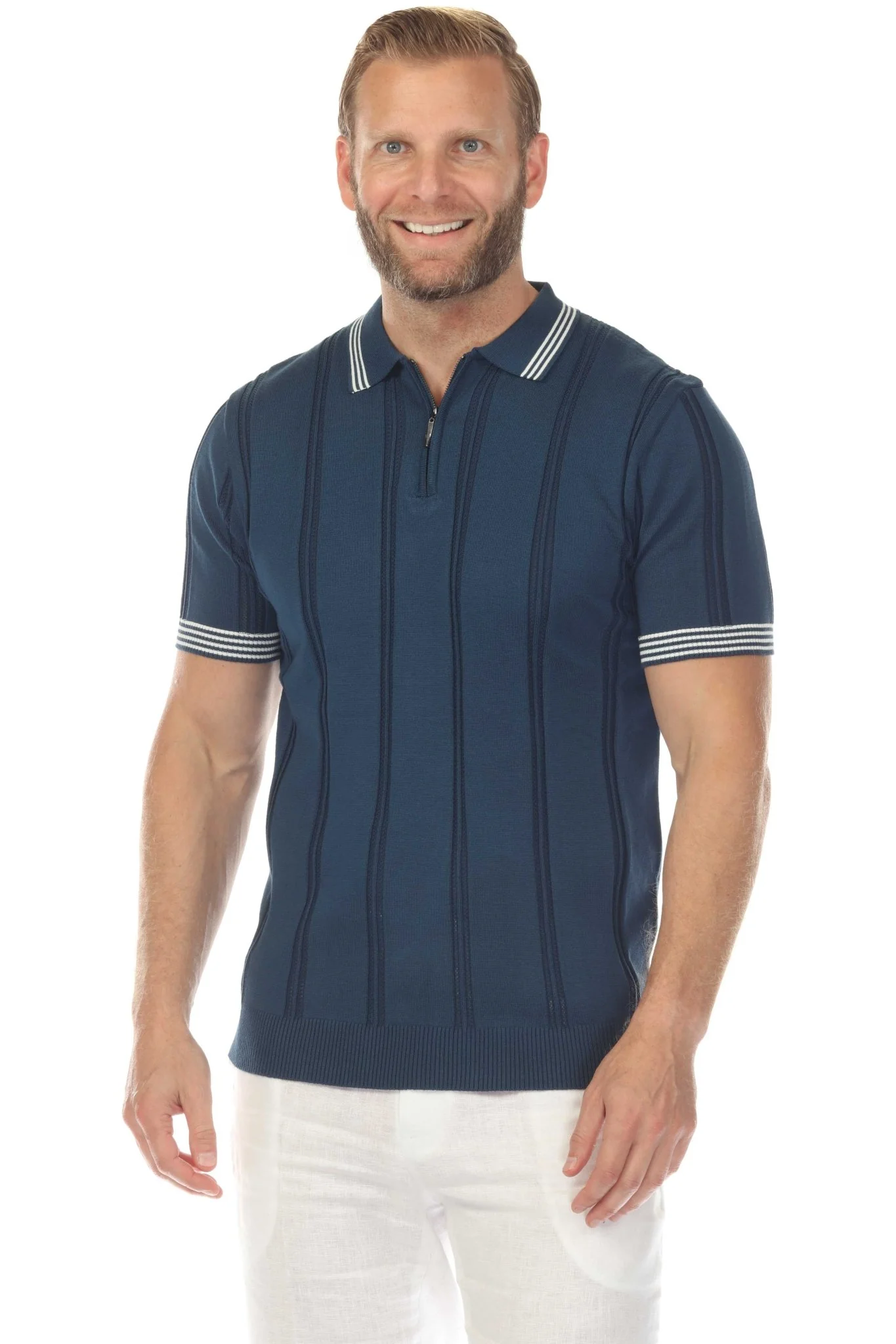 Men's Stylish Premium Knit Textured Polo Shirt with Stripe Accents - Image 5