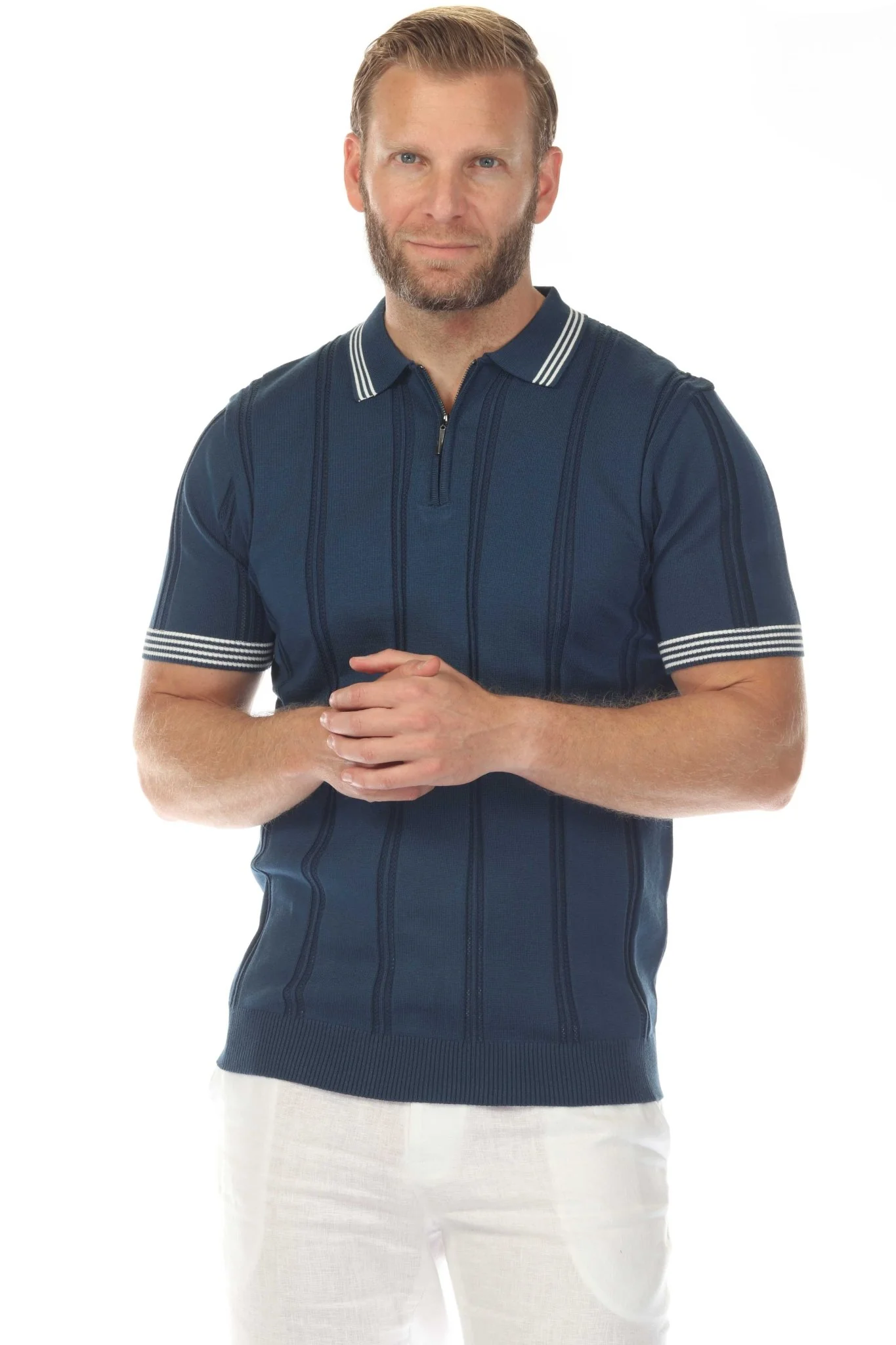 Men's Stylish Premium Knit Textured Polo Shirt with Stripe Accents - Image 6