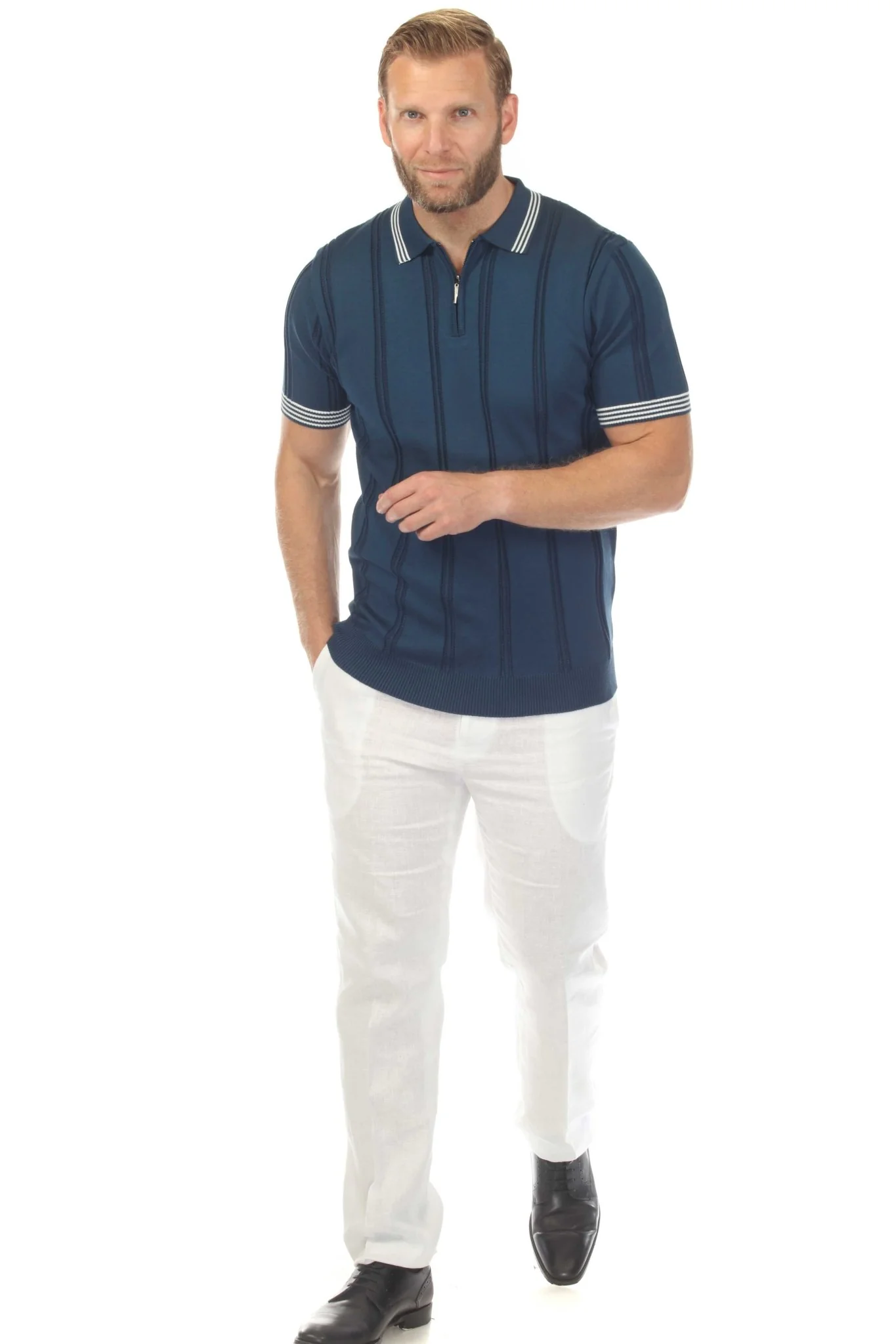Men's Stylish Premium Knit Textured Polo Shirt with Stripe Accents - Image 7