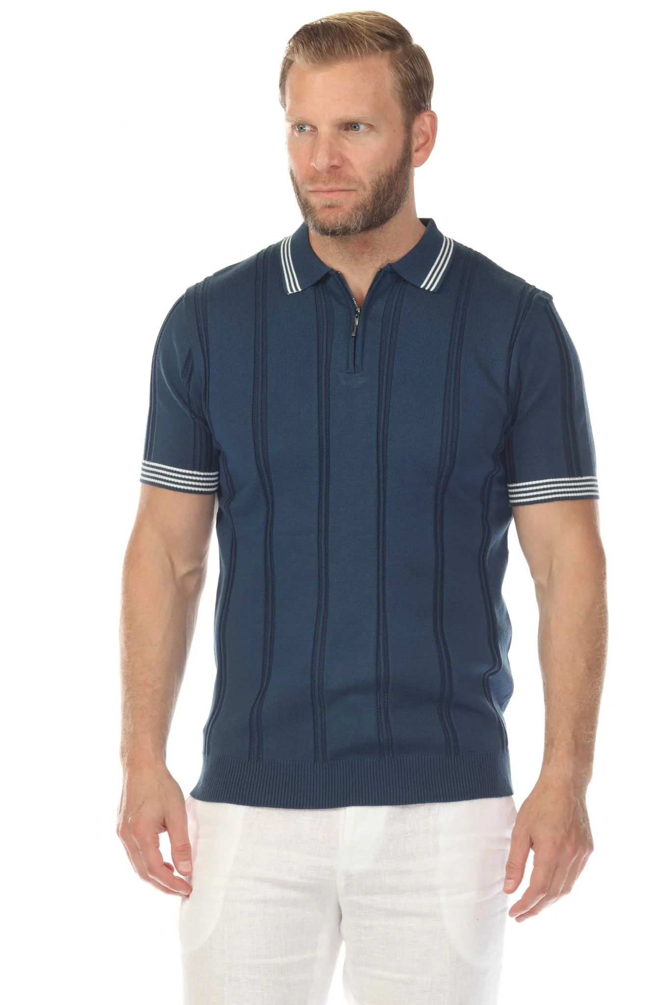 Men's Stylish Premium Knit Textured Polo Shirt with Stripe Accents - Image 9