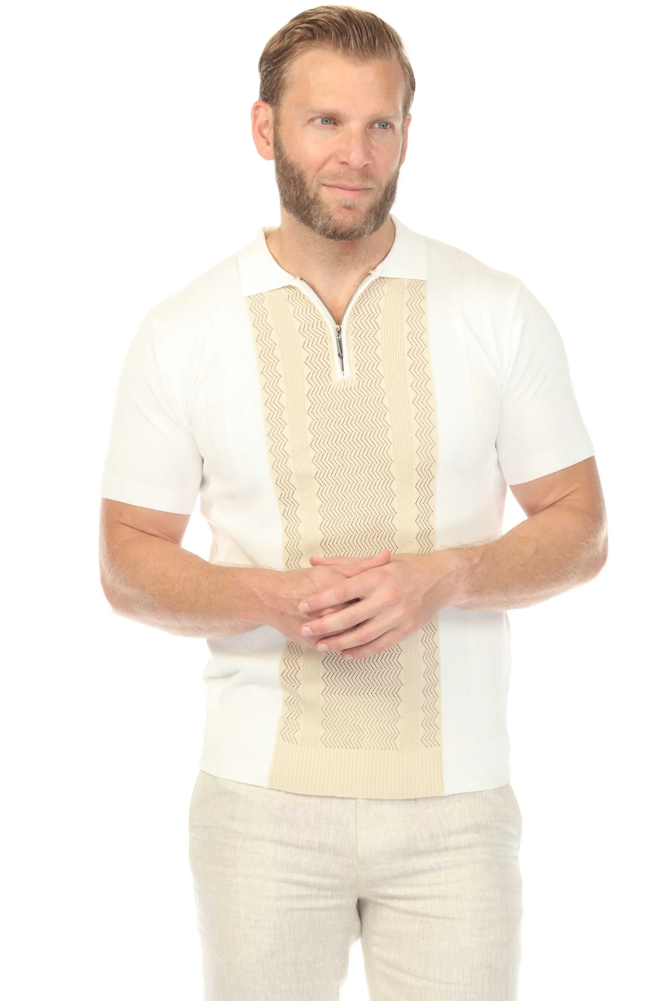 Men's Stylish Premium Knit Textured Polo Shirt with Stripe Accents - Image 18