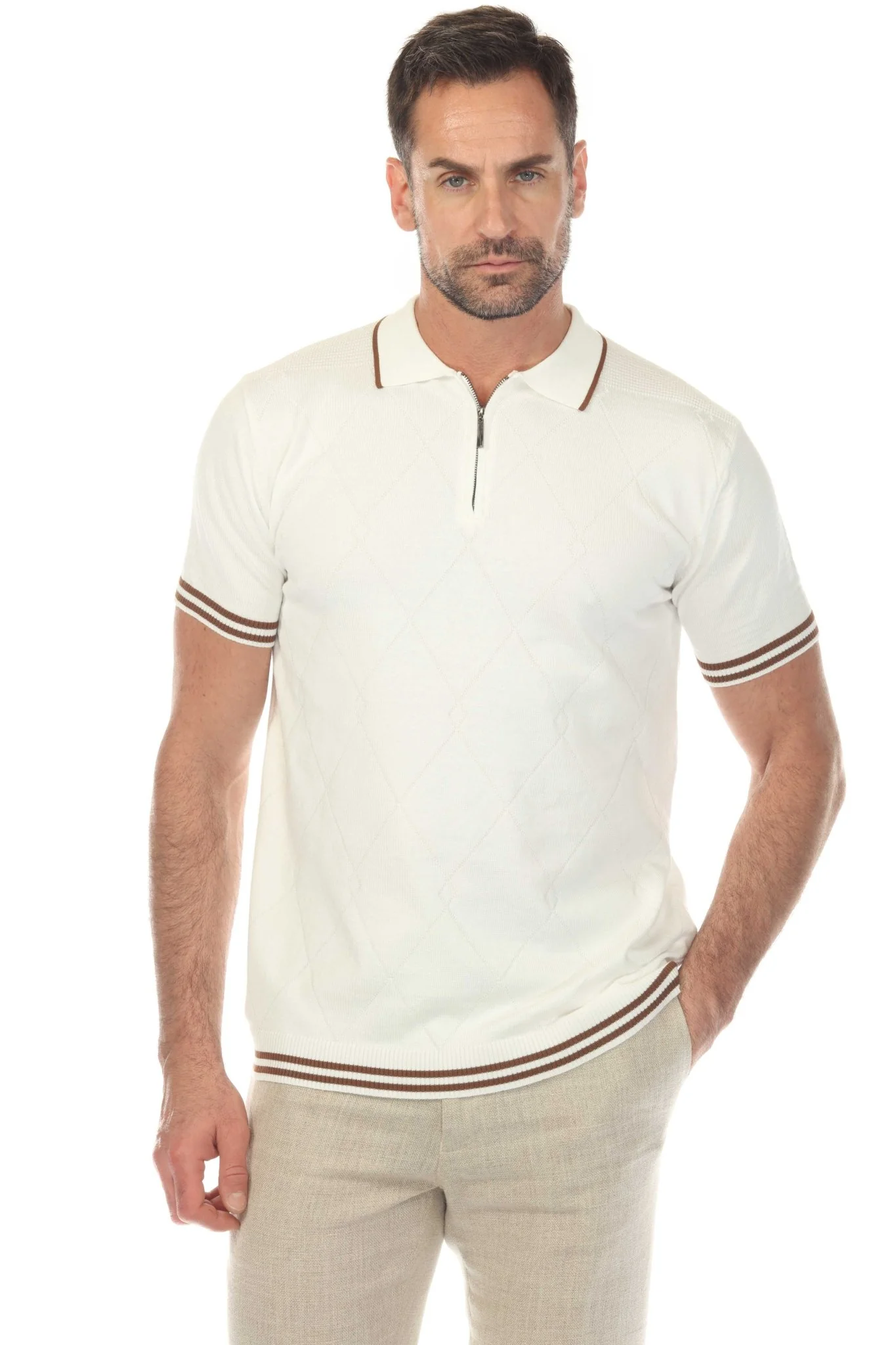 Men's Stylish Premium Knit Textured Polo Shirt with Stripe Accents - Image 27