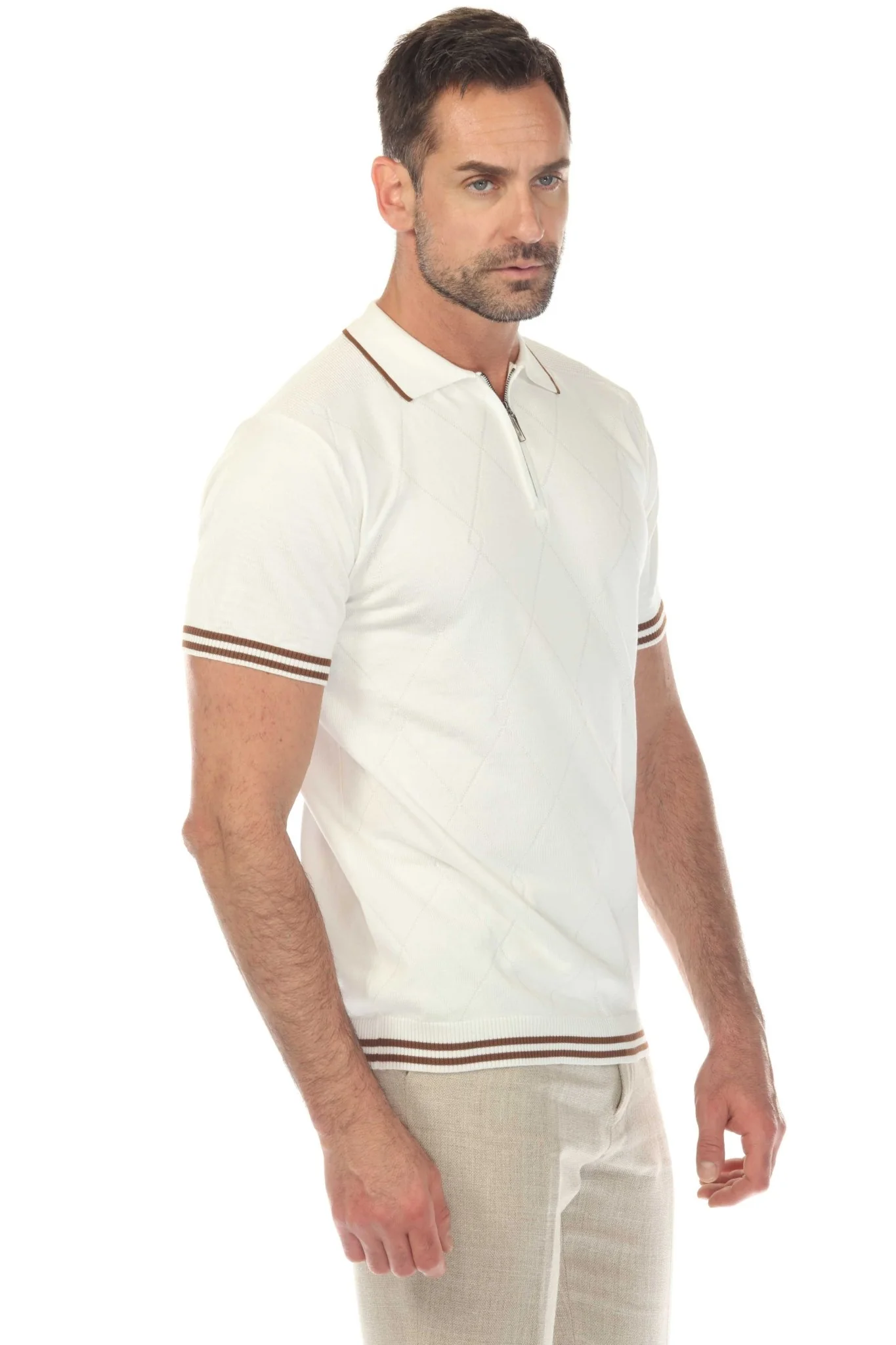 Men's Stylish Premium Knit Textured Polo Shirt with Stripe Accents - Image 32