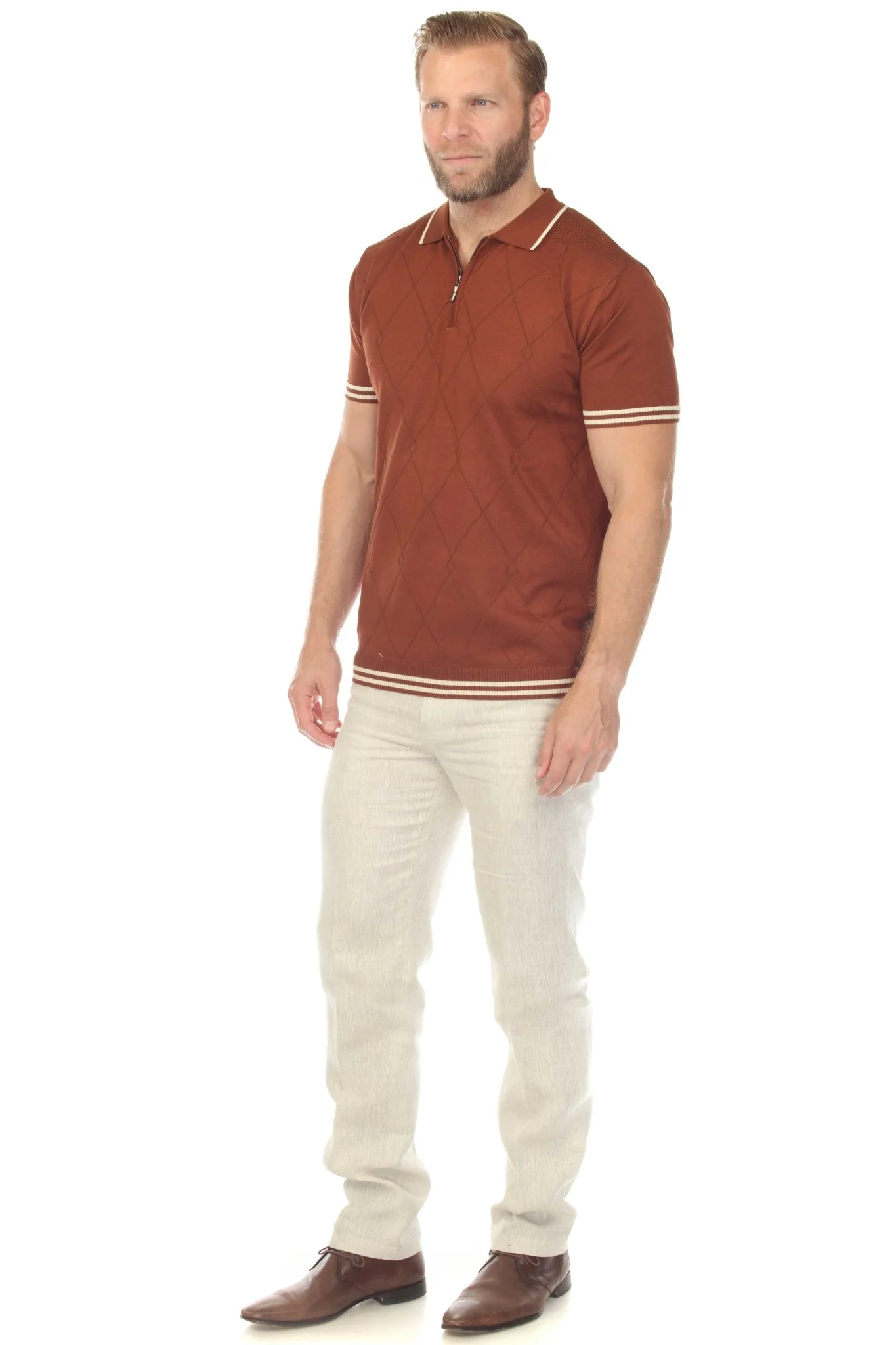 Men's Stylish Premium Knit Textured Polo Shirt with Stripe Accents - Image 4