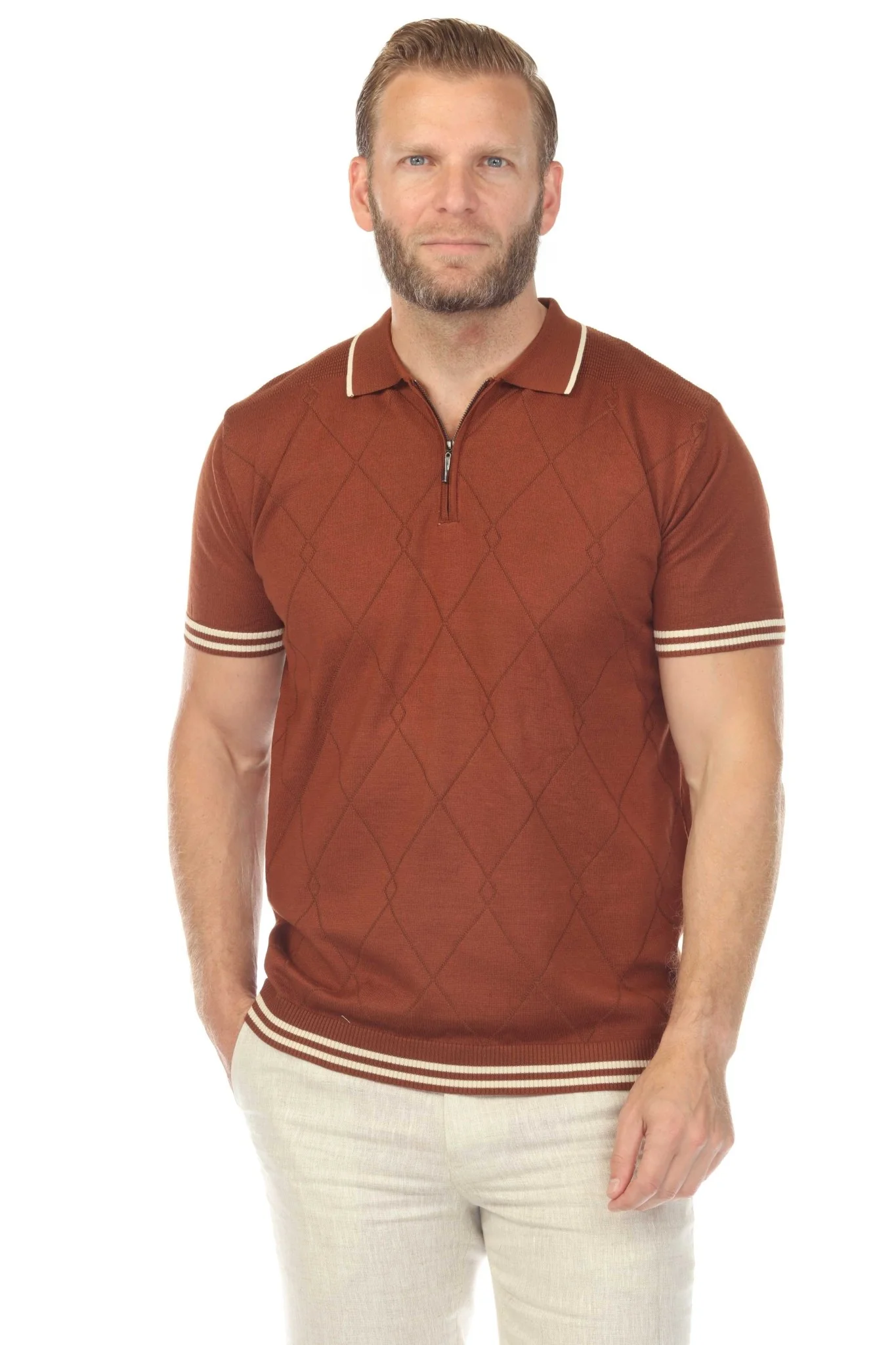 Men's Stylish Premium Knit Textured Polo Shirt with Stripe Accents - Image 9