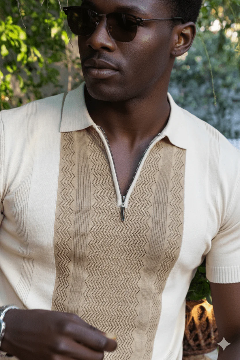 Men's Stylish Premium Knit Textured Polo Shirt with Stripe Accents - Image 2