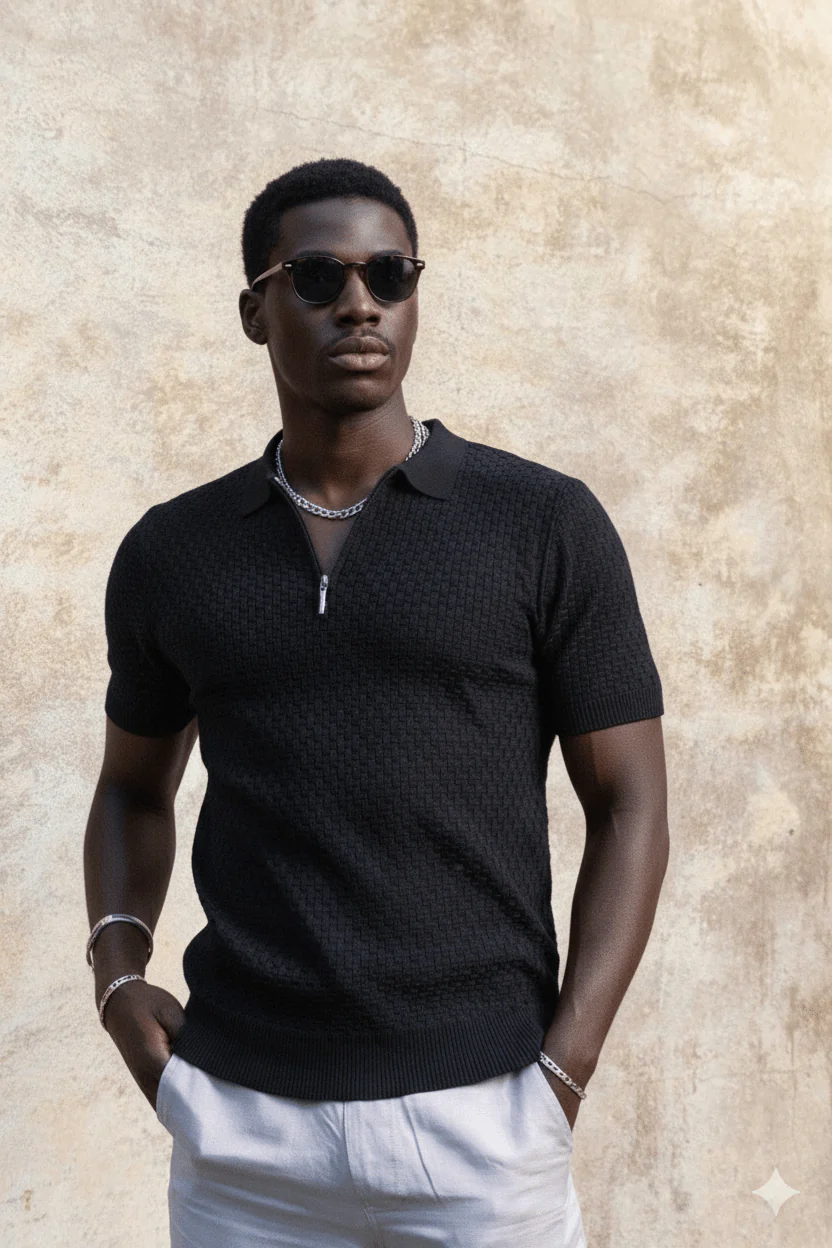 Men's Stylish Premium Knit Textured Polo Shirt with Stripe Accents - Image 2