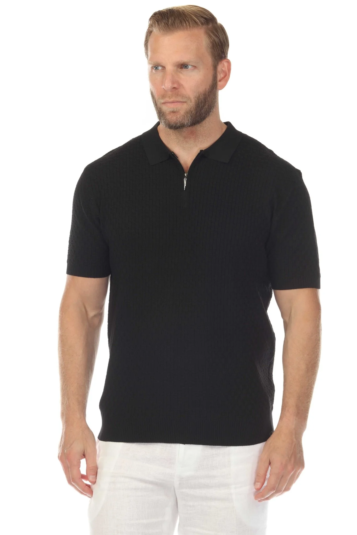 Men's Stylish Premium Knit Textured Polo Shirt with Stripe Accents - Image 45
