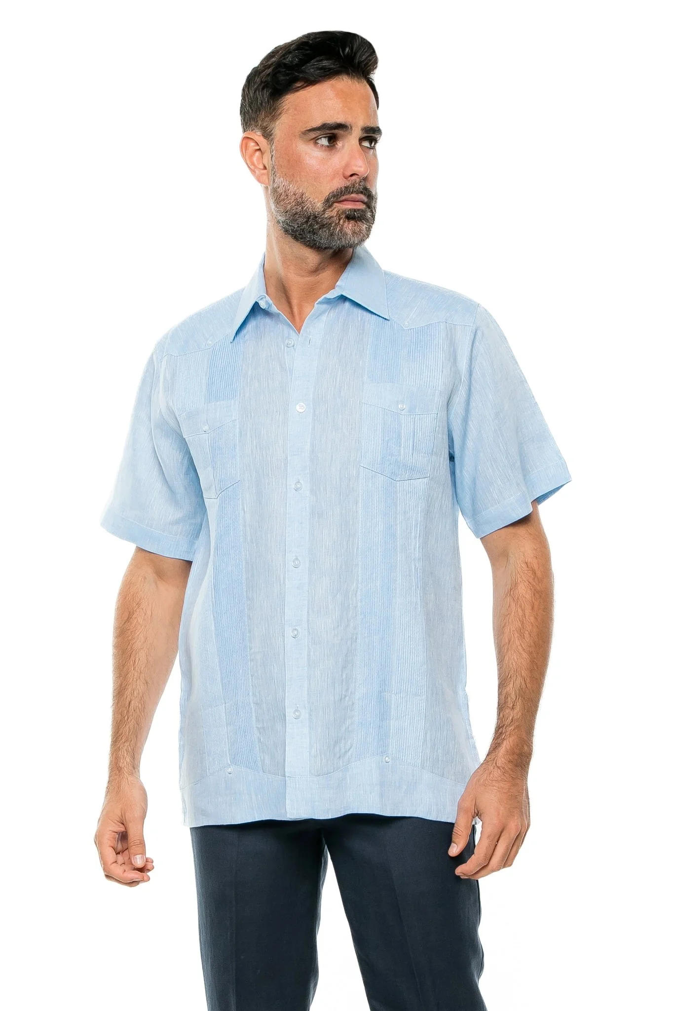 Men's Yarn Dye 100% Linen Guayabera Shirt Short Sleeve 2 Pocket Design - Image 25