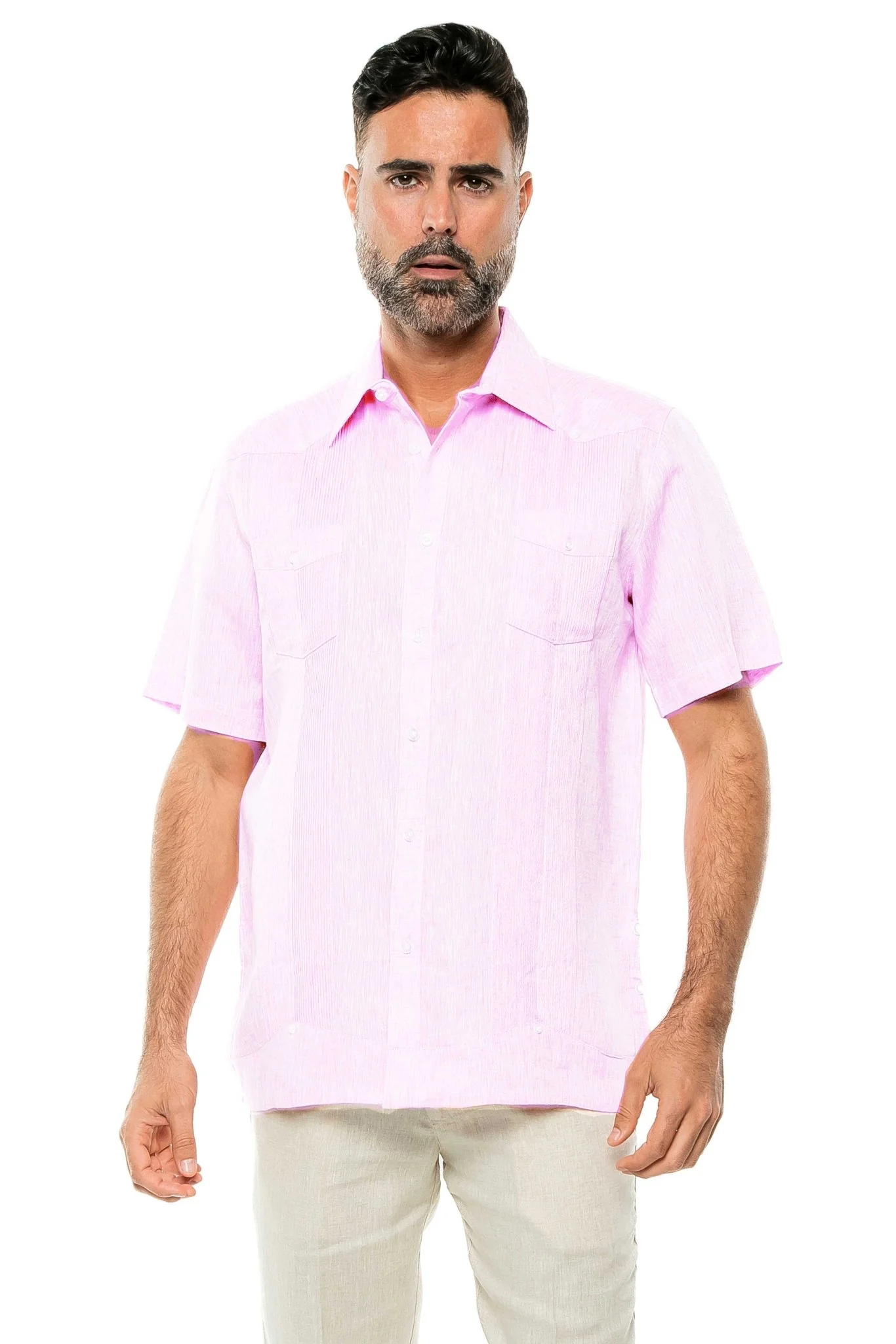 Men's Yarn Dye 100% Linen Guayabera Shirt Short Sleeve 2 Pocket Design - Image 27