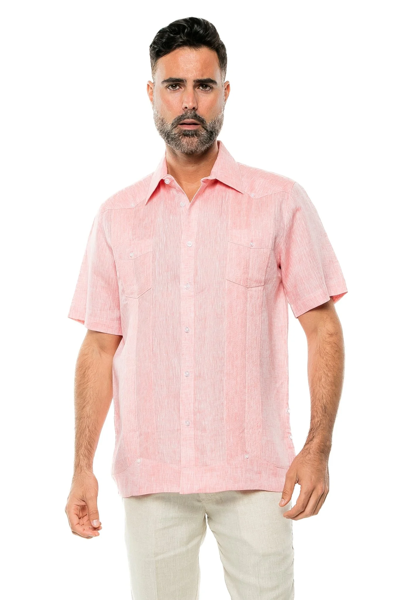 Men's Yarn Dye 100% Linen Guayabera Shirt Short Sleeve 2 Pocket Design - Image 28