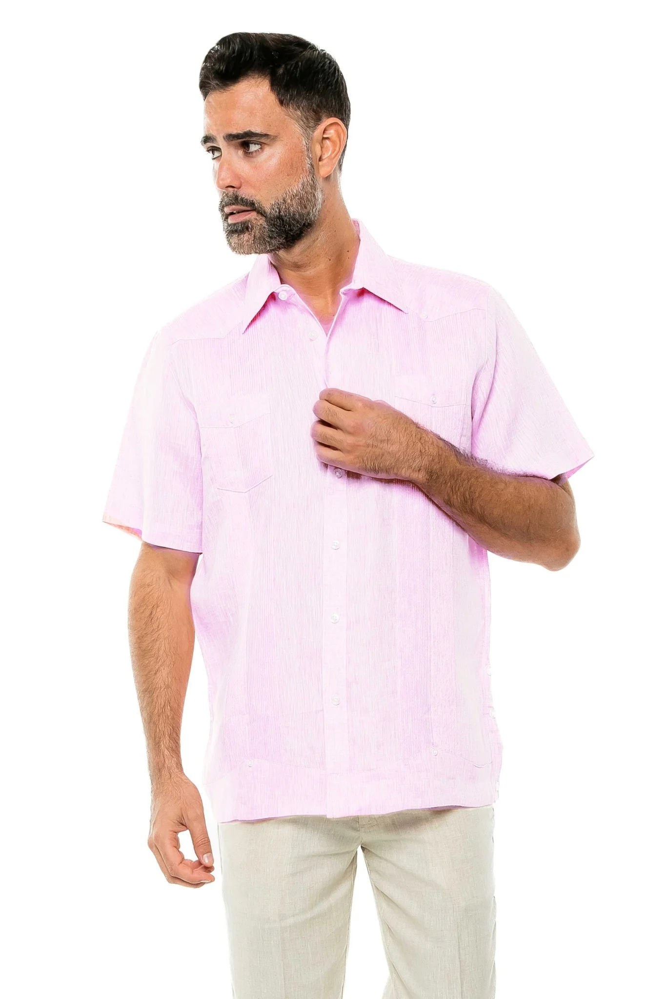 Men's Yarn Dye 100% Linen Guayabera Shirt Short Sleeve 2 Pocket Design - Image 30