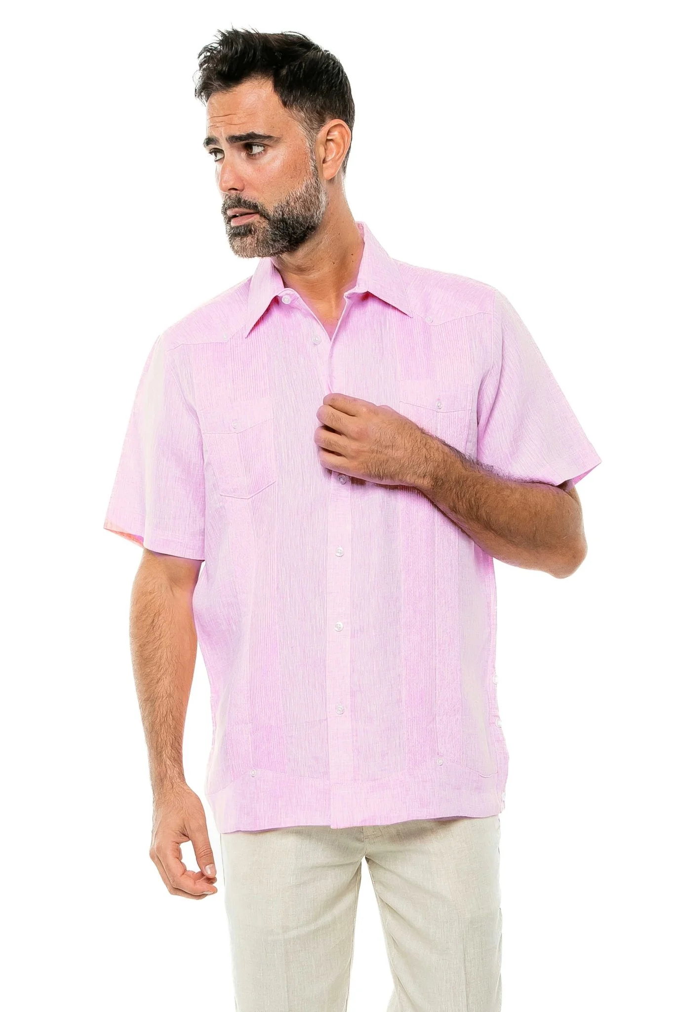 Men's Yarn Dye 100% Linen Guayabera Shirt Short Sleeve 2 Pocket Design - Image 32