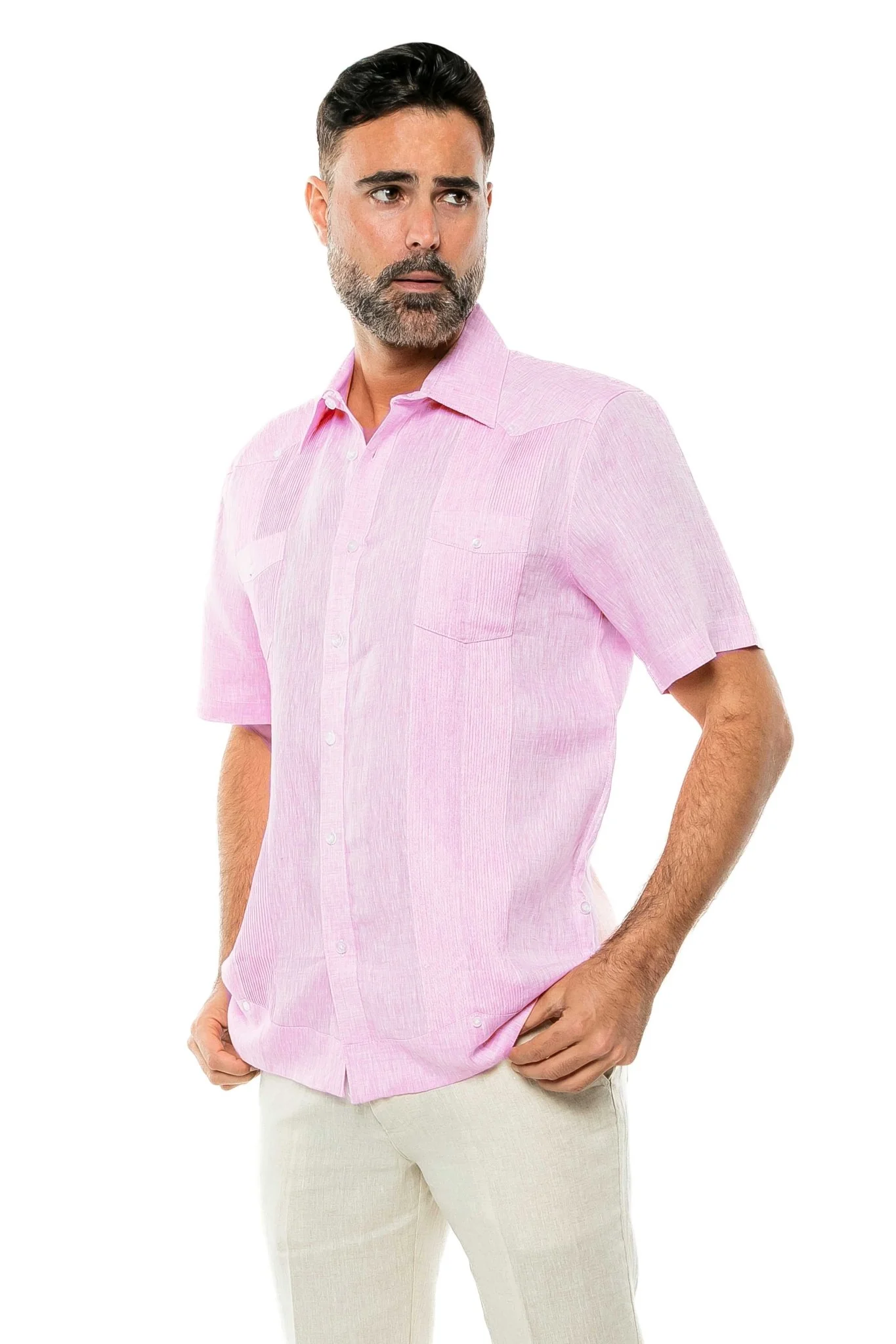 Men's Yarn Dye 100% Linen Guayabera Shirt Short Sleeve 2 Pocket Design - Image 37