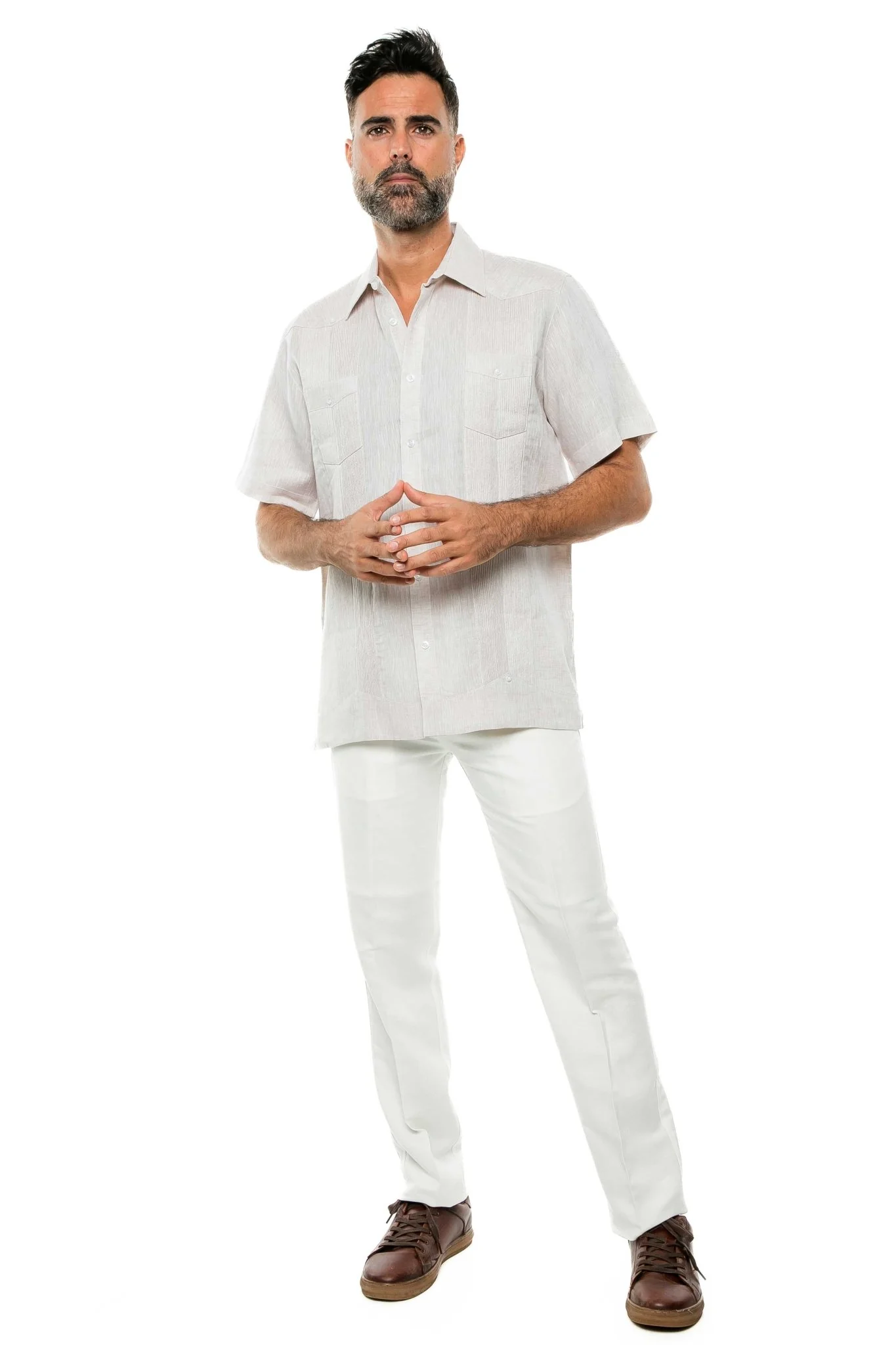Men's Yarn Dye 100% Linen Guayabera Shirt Short Sleeve 2 Pocket Design - Image 40