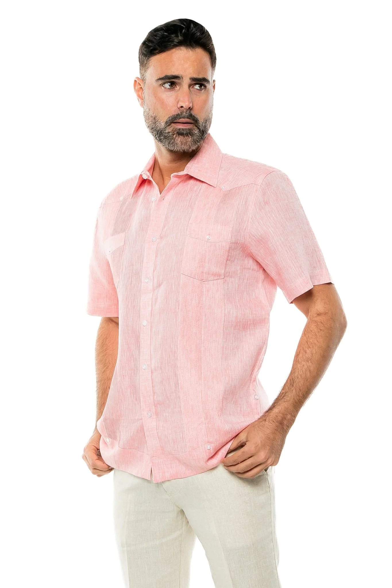 Men's Yarn Dye 100% Linen Guayabera Shirt Short Sleeve 2 Pocket Design - Image 41