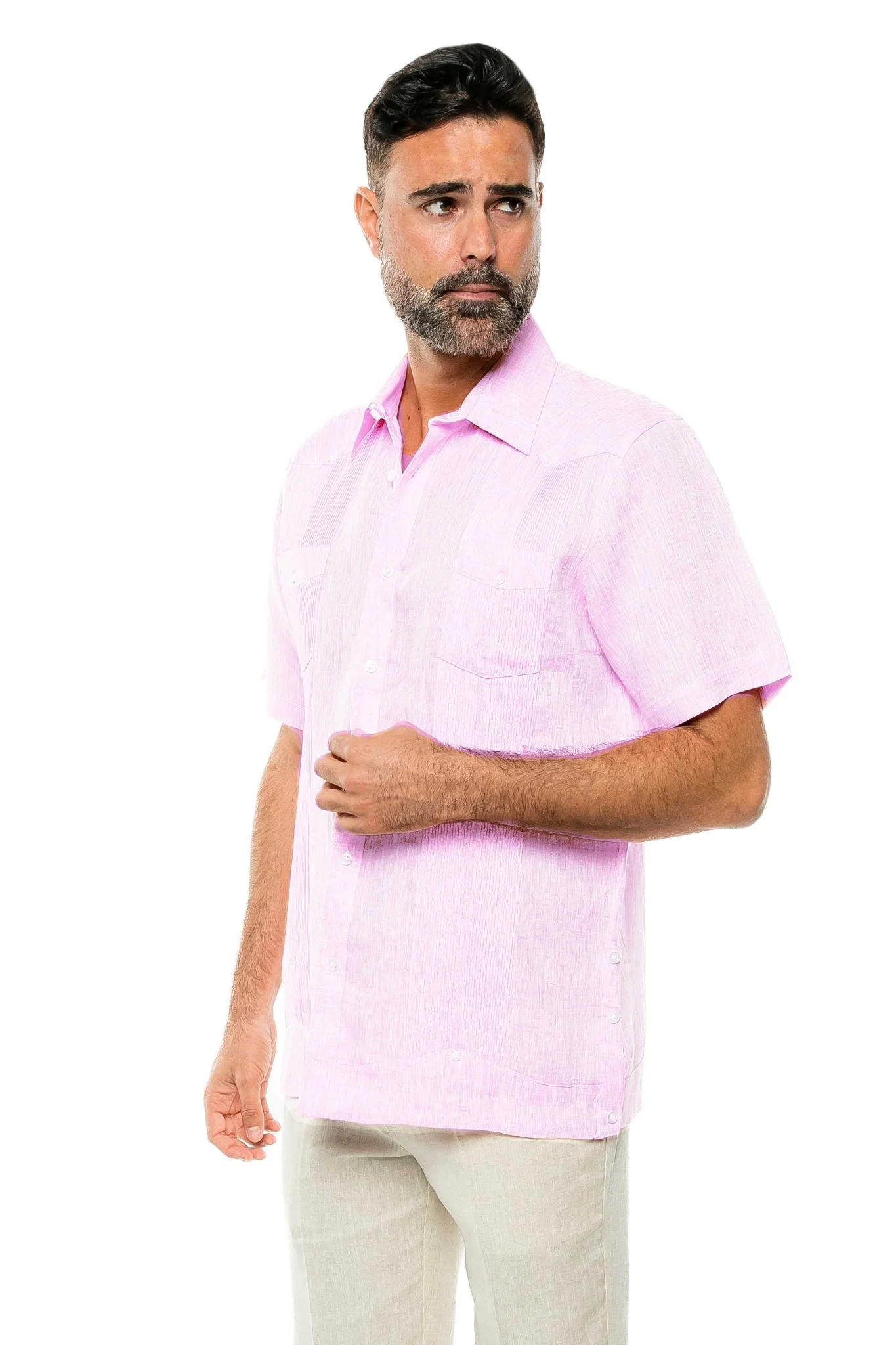 Men's Yarn Dye 100% Linen Guayabera Shirt Short Sleeve 2 Pocket Design - Image 42