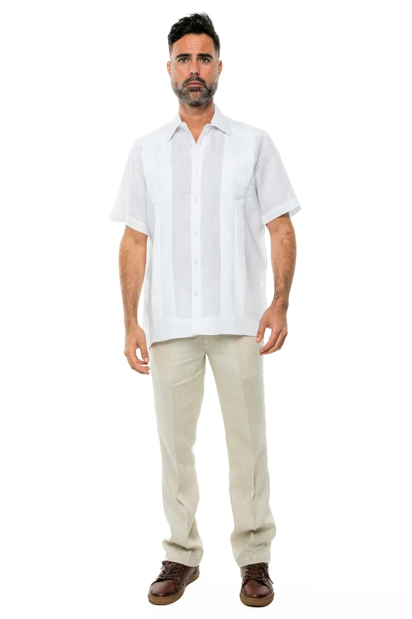 Men's Yarn Dye 100% Linen Guayabera Shirt Short Sleeve 2 Pocket Design - Image 43