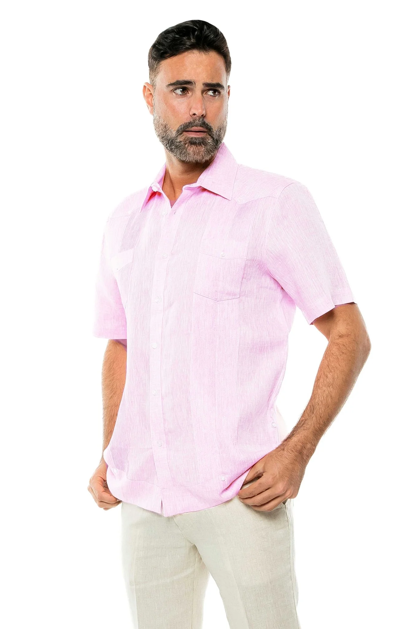 Men's Yarn Dye 100% Linen Guayabera Shirt Short Sleeve 2 Pocket Design - Image 44