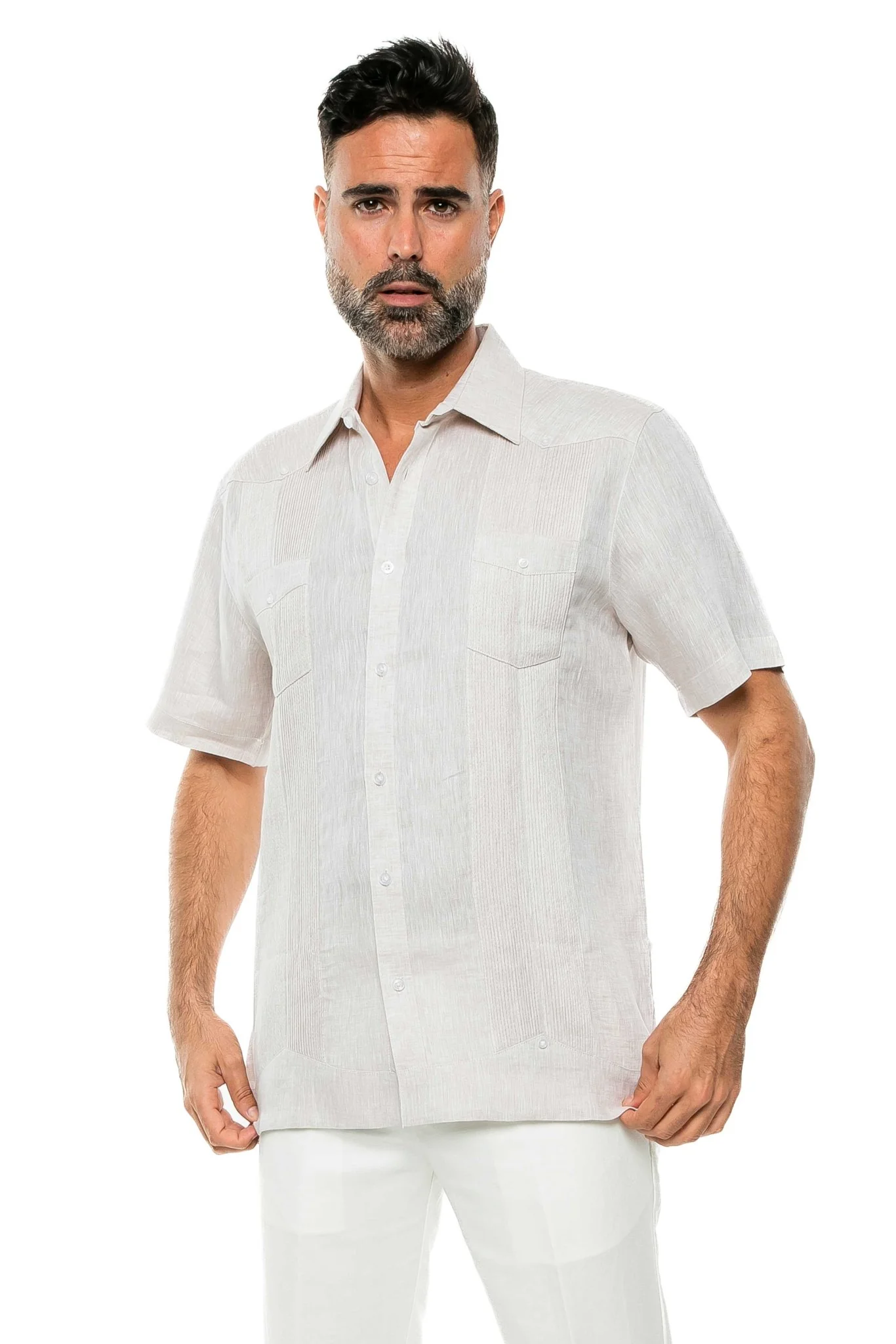 Men's Yarn Dye 100% Linen Guayabera Shirt Short Sleeve 2 Pocket Design - Image 45