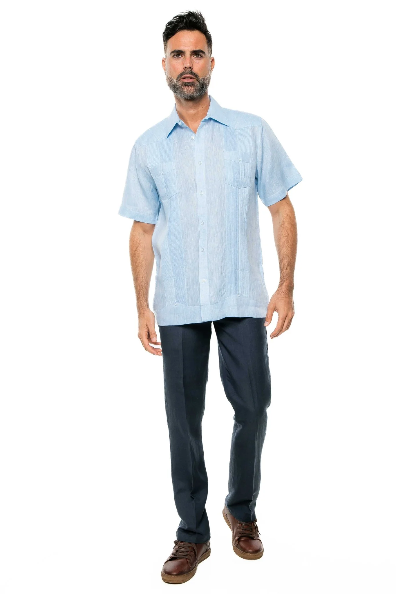 Men's Yarn Dye 100% Linen Guayabera Shirt Short Sleeve 2 Pocket Design - Image 46