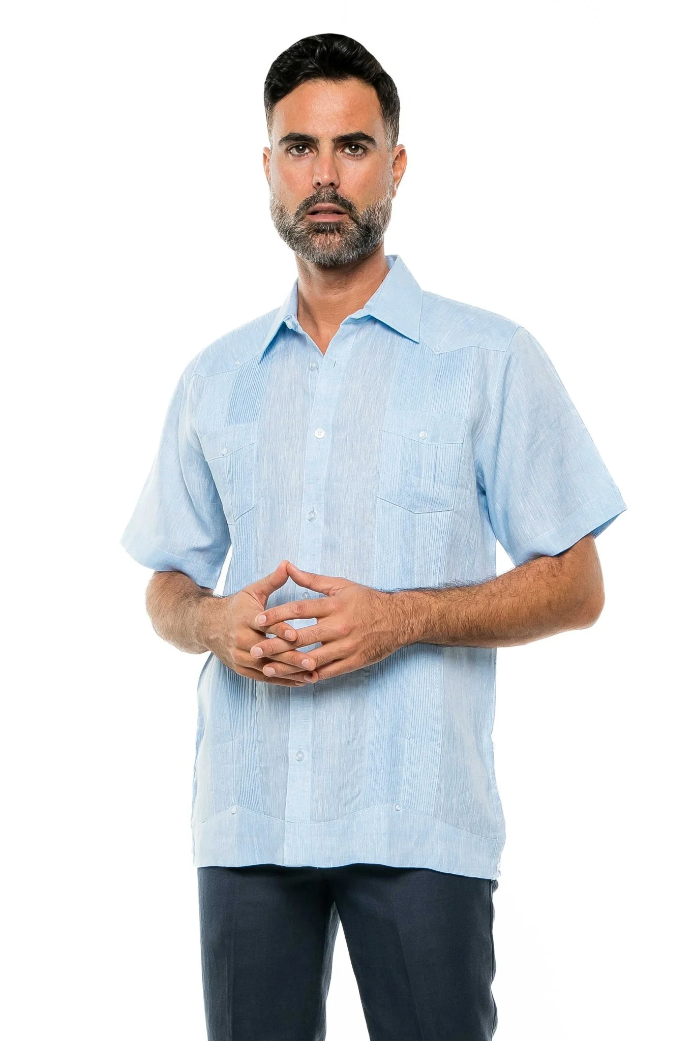 Men's Yarn Dye 100% Linen Guayabera Shirt Short Sleeve 2 Pocket Design - Image 47