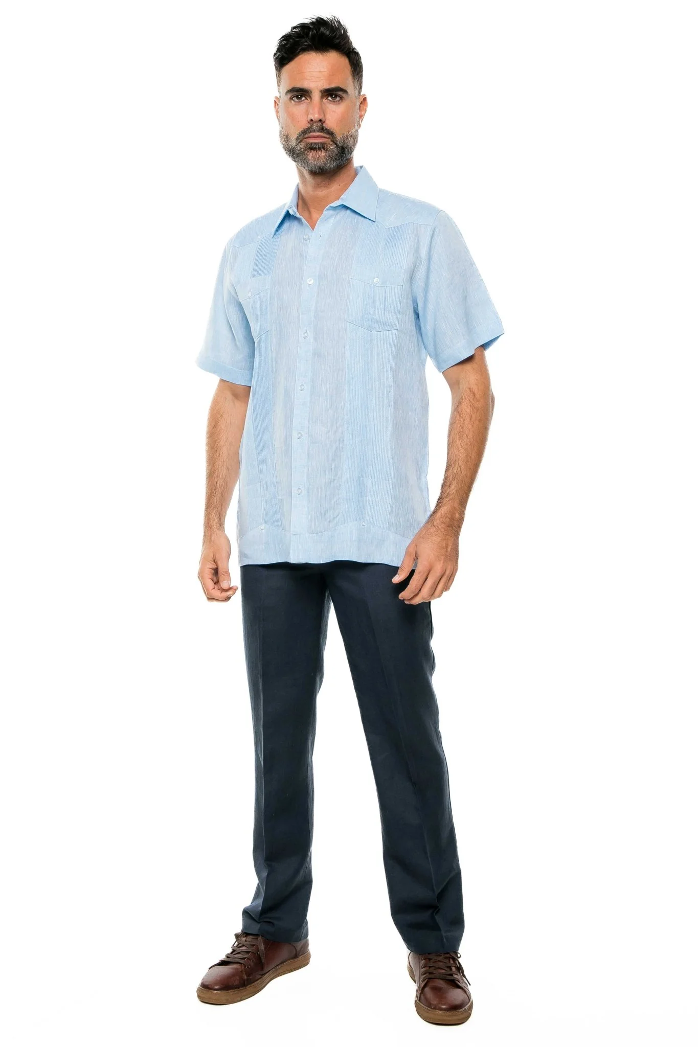 Men's Yarn Dye 100% Linen Guayabera Shirt Short Sleeve 2 Pocket Design - Image 48