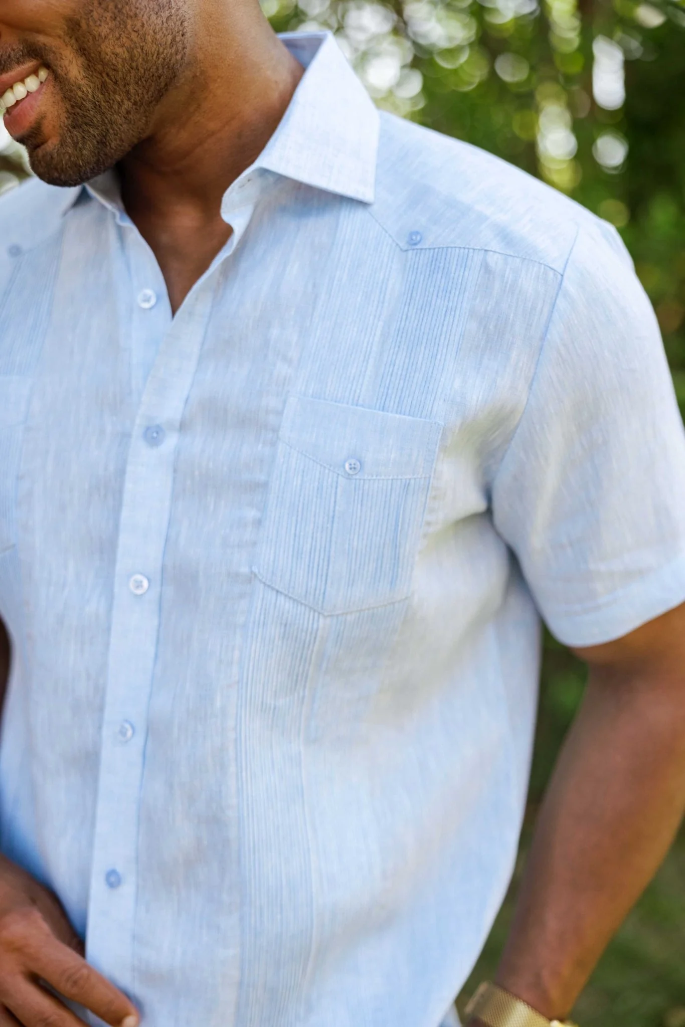 Men's Yarn Dye 100% Linen Guayabera Shirt Short Sleeve 2 Pocket Design - Image 5