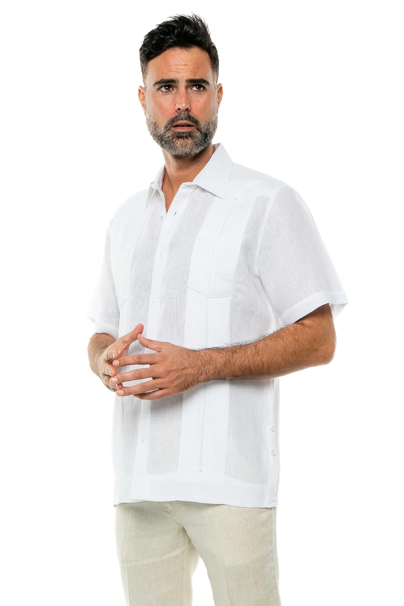 Men's Yarn Dye 100% Linen Guayabera Shirt Short Sleeve 2 Pocket Design - Image 50